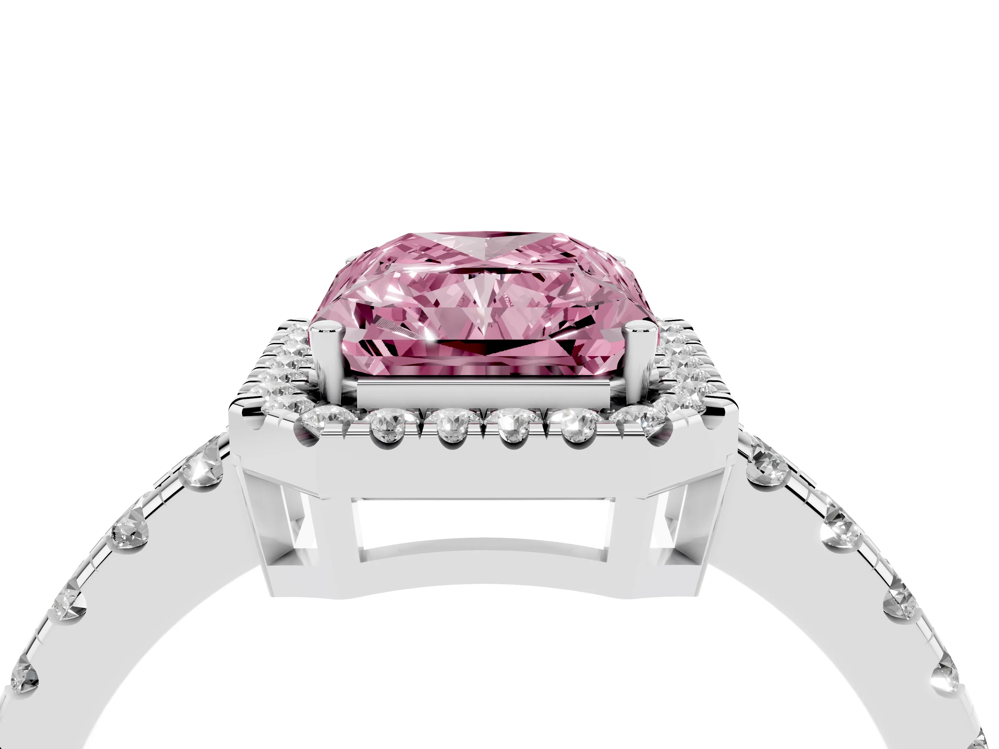 Fancy Pink Radiant Cut Diamond Halo Ring Set in Platinum with Delicate Pavé Band and Prong Setting