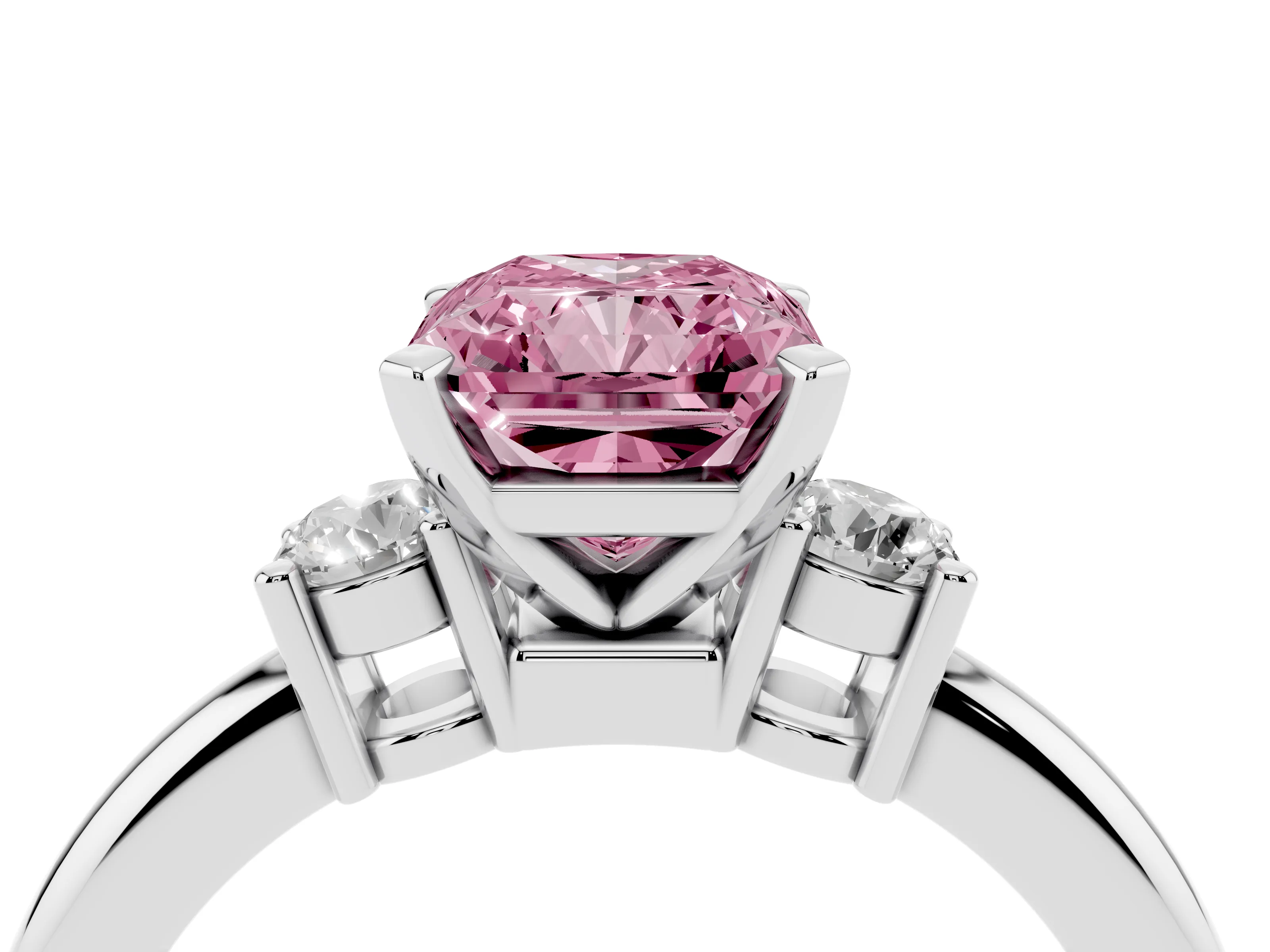 Fancy Pink Three-Stone Radiant Cut Diamond Ring Set in Platinum with Prong Setting and Plain Band