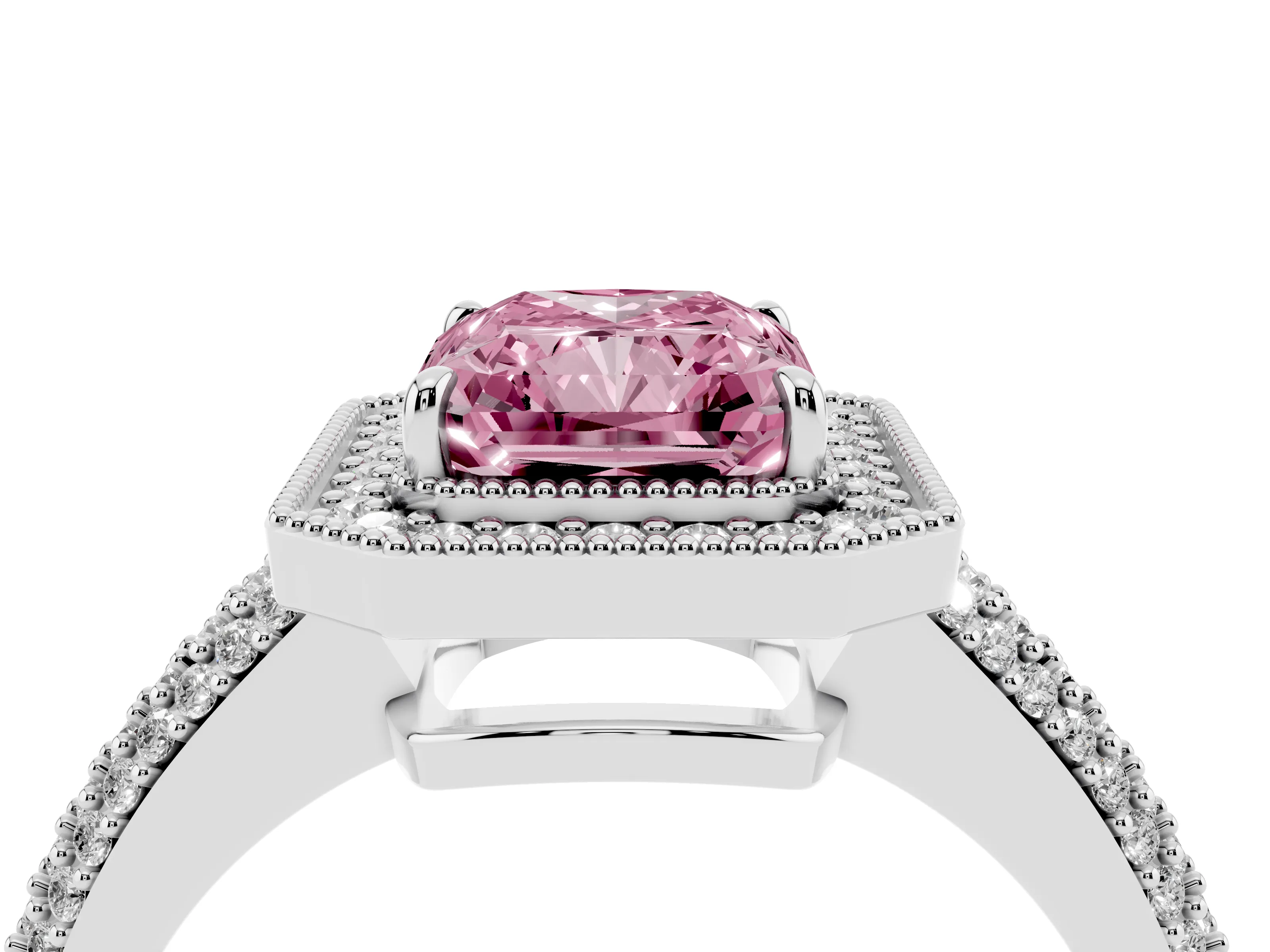 Fancy Pink Radiant Cut Diamond Halo Pavé Band Set in White gold with Prong Setting