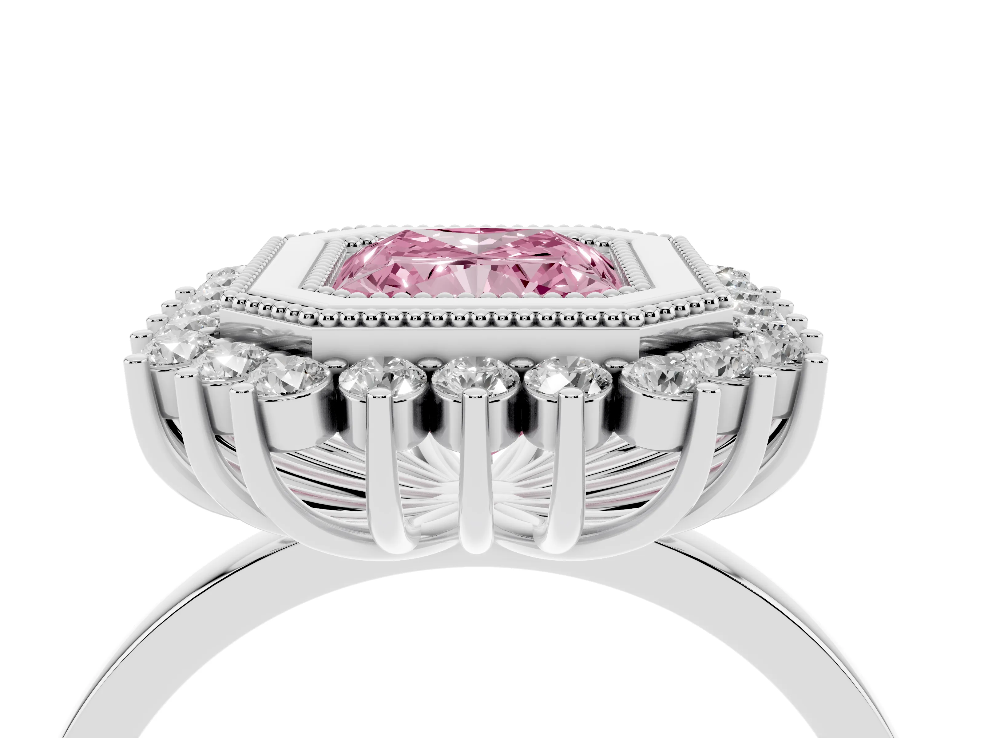 Fancy Pink Radiant Cut Diamond Halo Ring Set in White gold with Milgrain Edge and Round Prong Setting