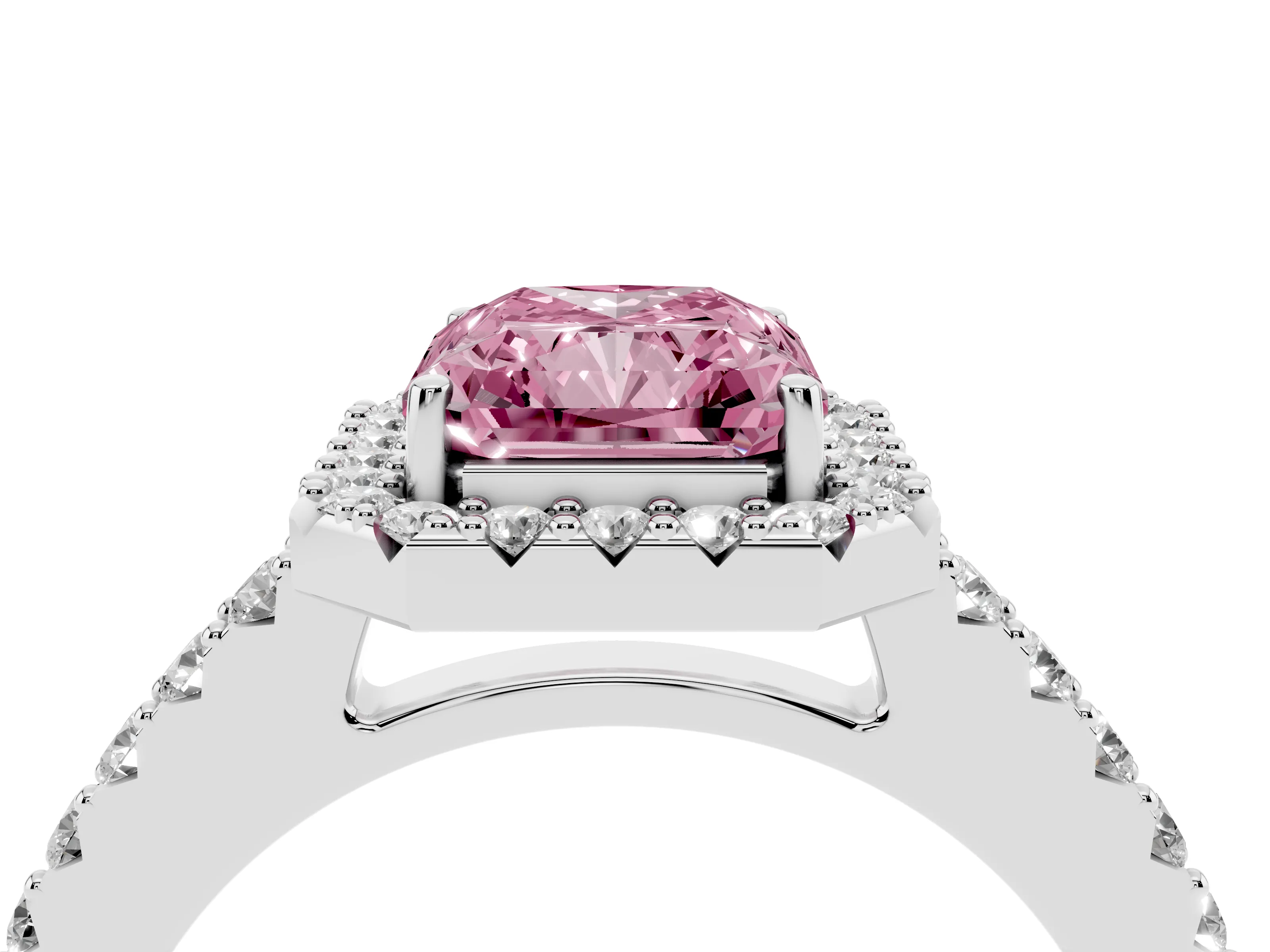 Fancy Pink Radiant Cut Diamond Halo Pavé Solitaire Ring Set in White gold with Prong-Set Center Stone