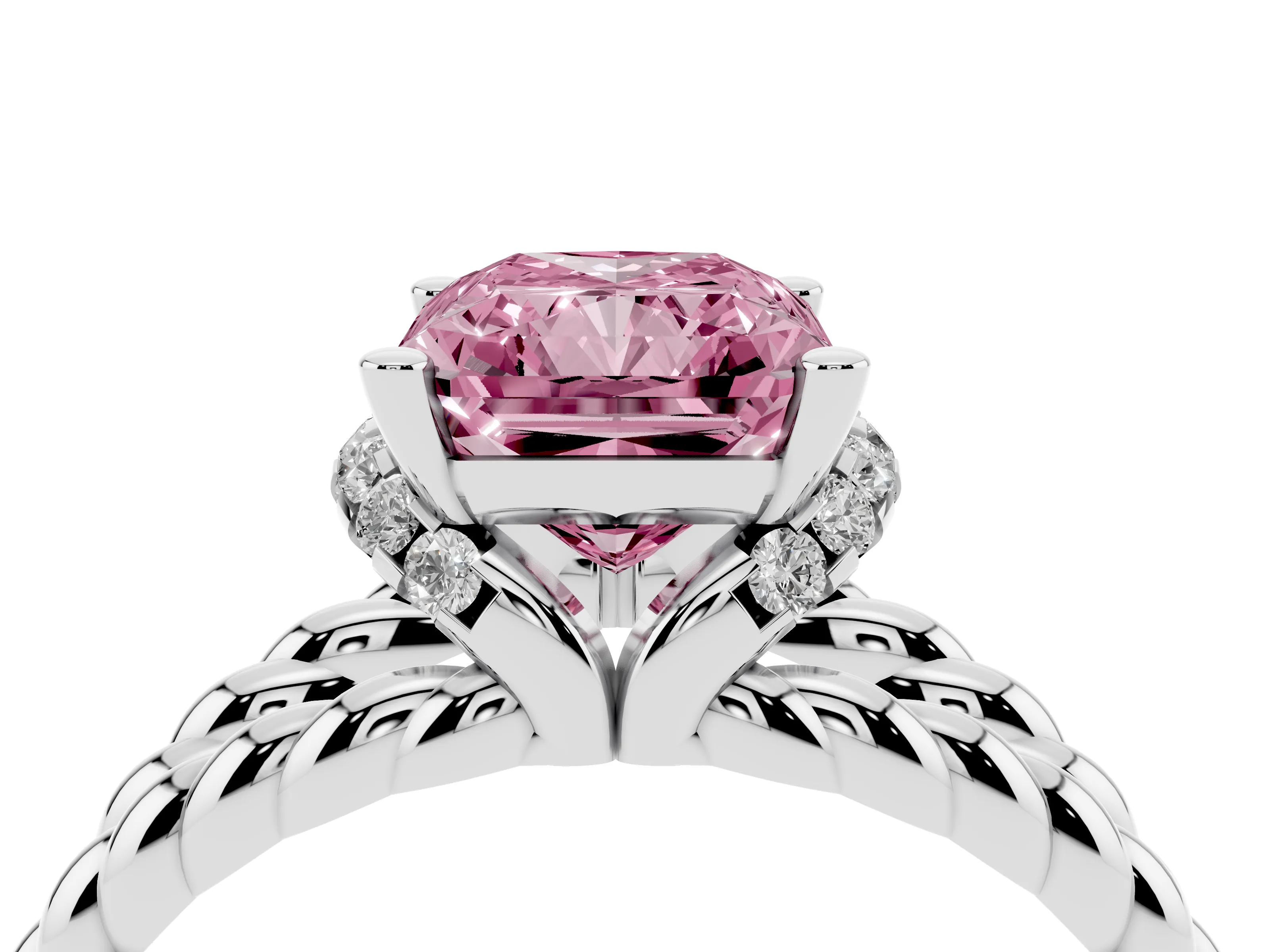 Fancy Pink Radiant Cut Diamond Halo Ring Set in White gold with Twisted Band and Prong Setting