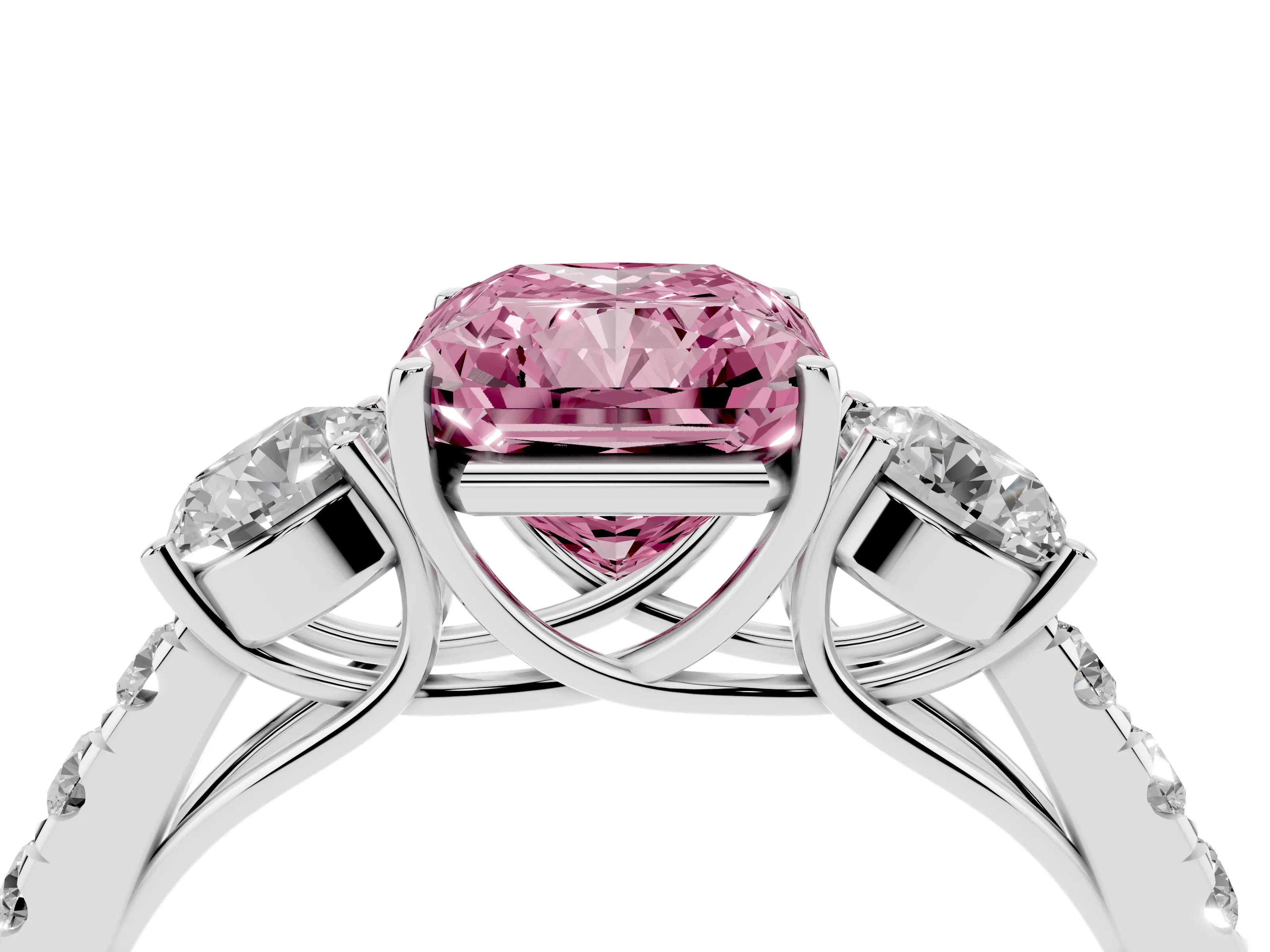 Fancy Pink Radiant Cut Diamond Three-Stone Ring Set in Silver with Round Side Stones and Delicate Pavé Band