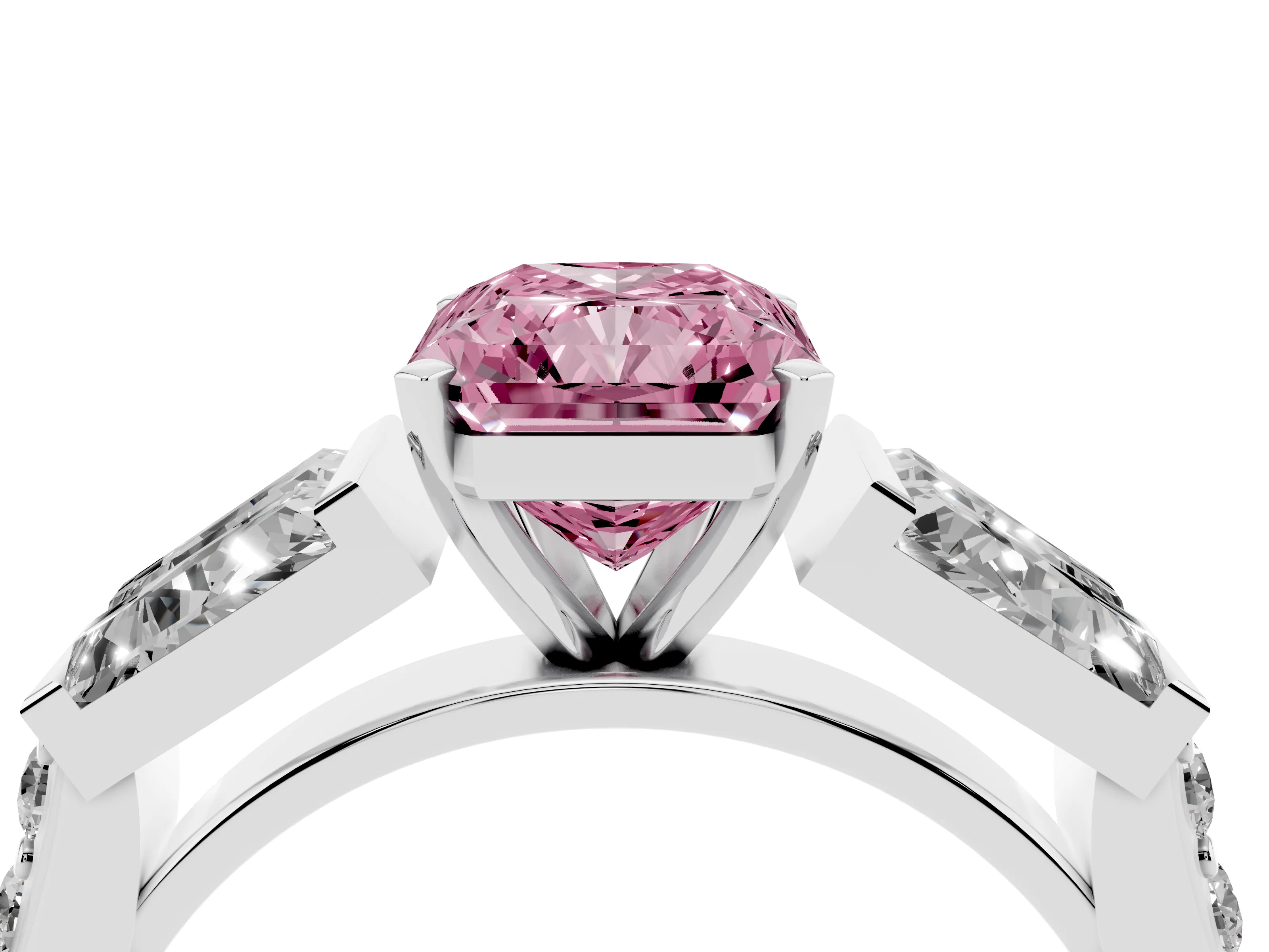 Fancy Pink Radiant Cut Diamond Engagement Ring Set in Silver with Baguette Side Stones and Channel Set Band