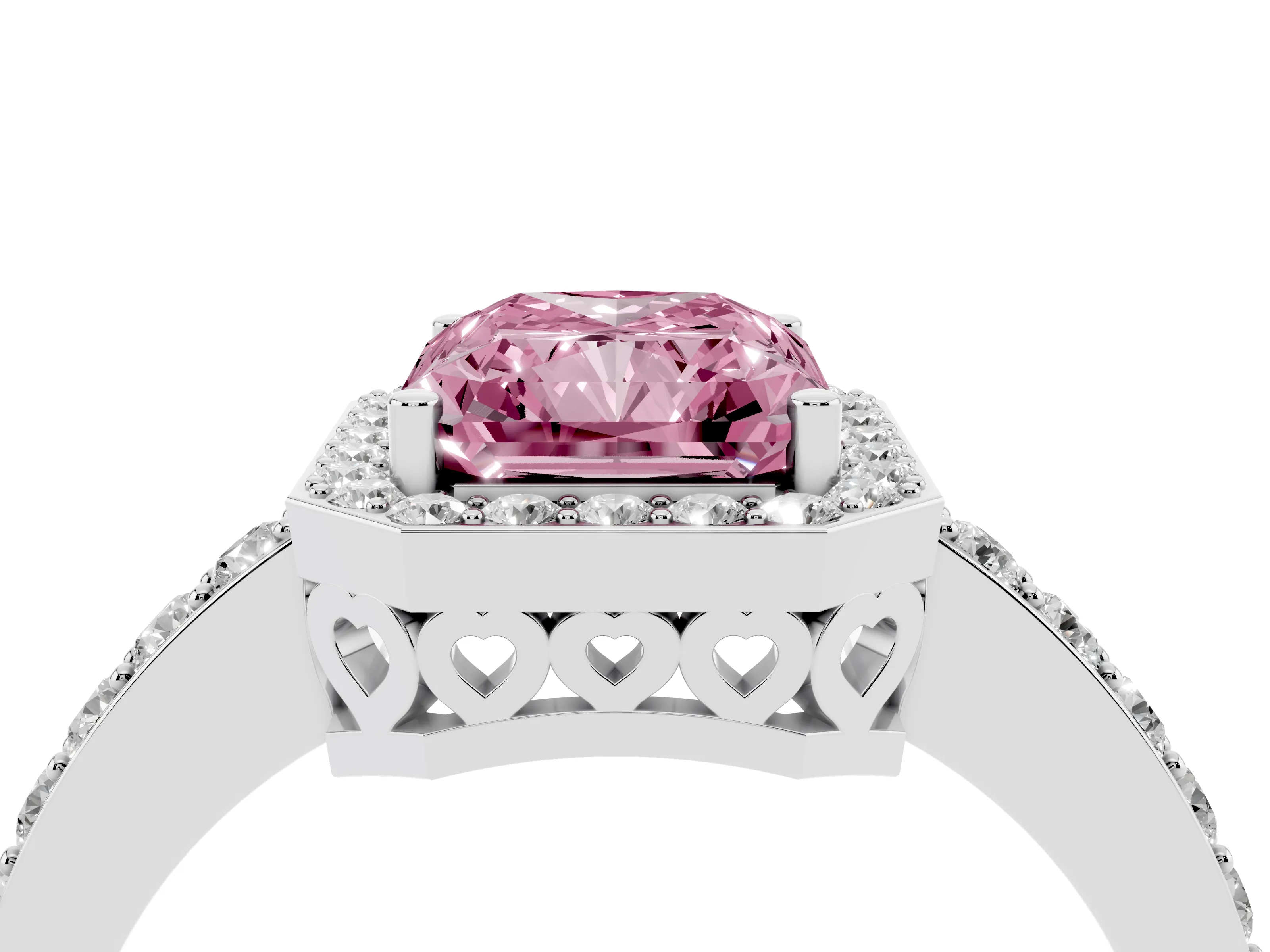 Fancy Pink Radiant Cut Diamond Halo Ring Set in White gold with Pavé-Setting Band and Open Prong Center