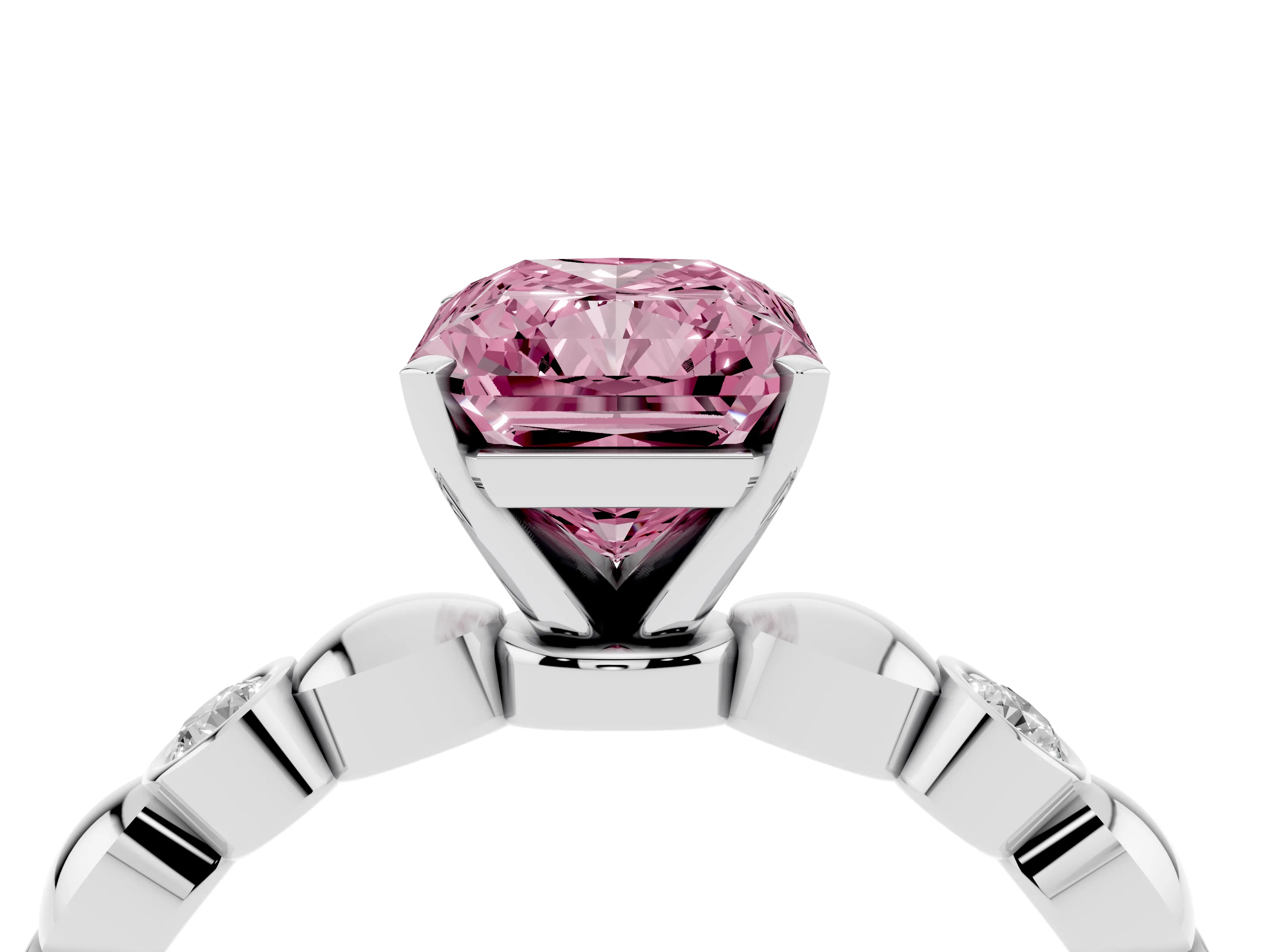 Fancy Pink Radiant Cut Diamond Solitaire Ring Set in Silver with Bezel-Set Accents on Beaded Band and Prong Setting