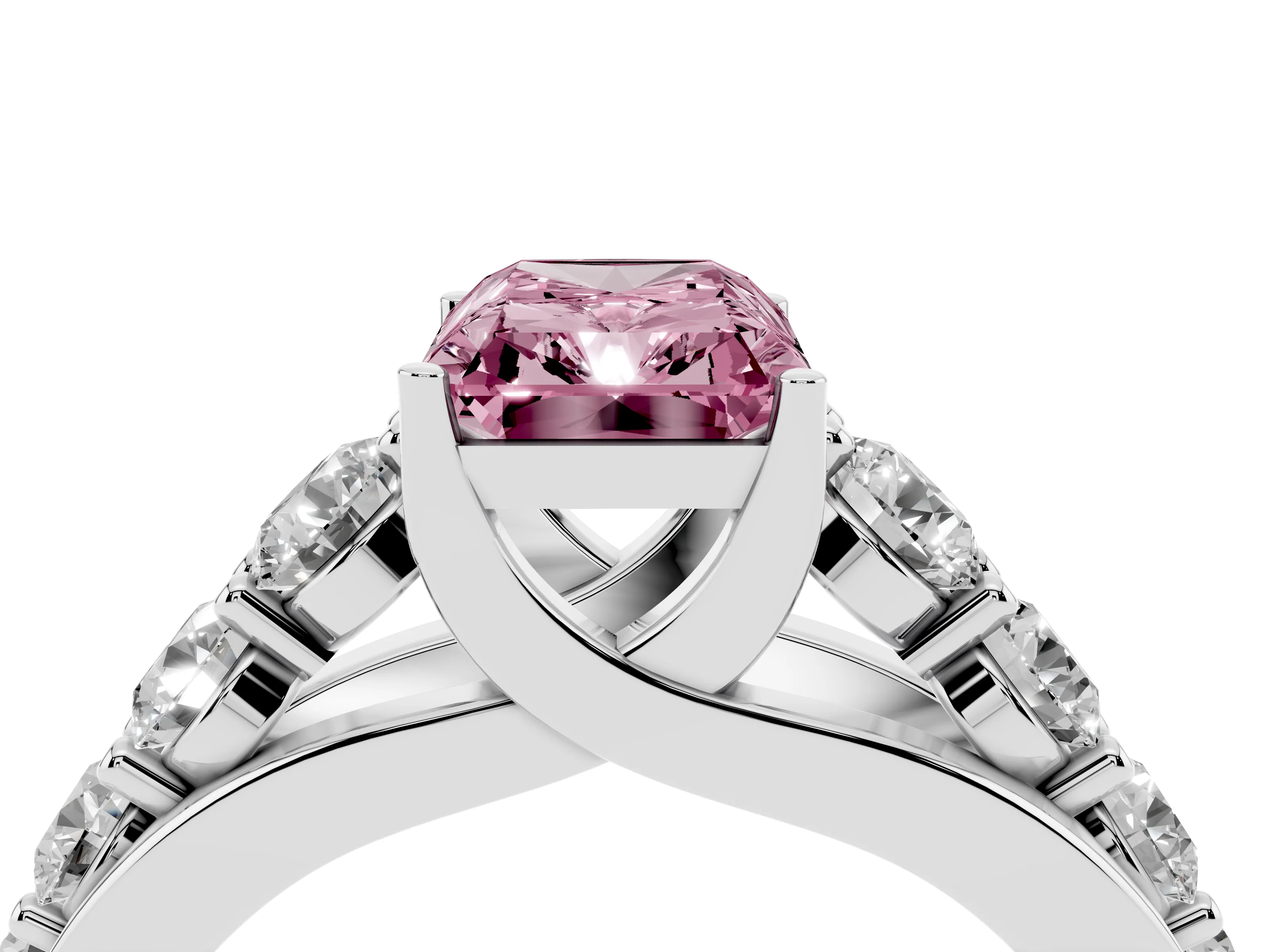 Fancy Pink Radiant Cut Diamond Pavé Engagement Ring Set in White gold with Prong Setting