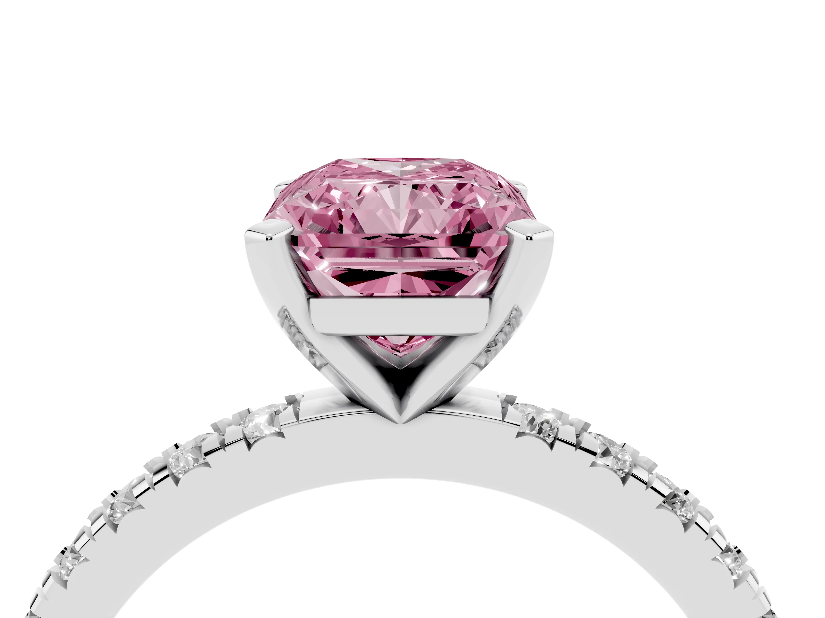Fancy Pink Radiant Cut Diamond Pavé Band Solitaire Set in Platinum with Prong Setting