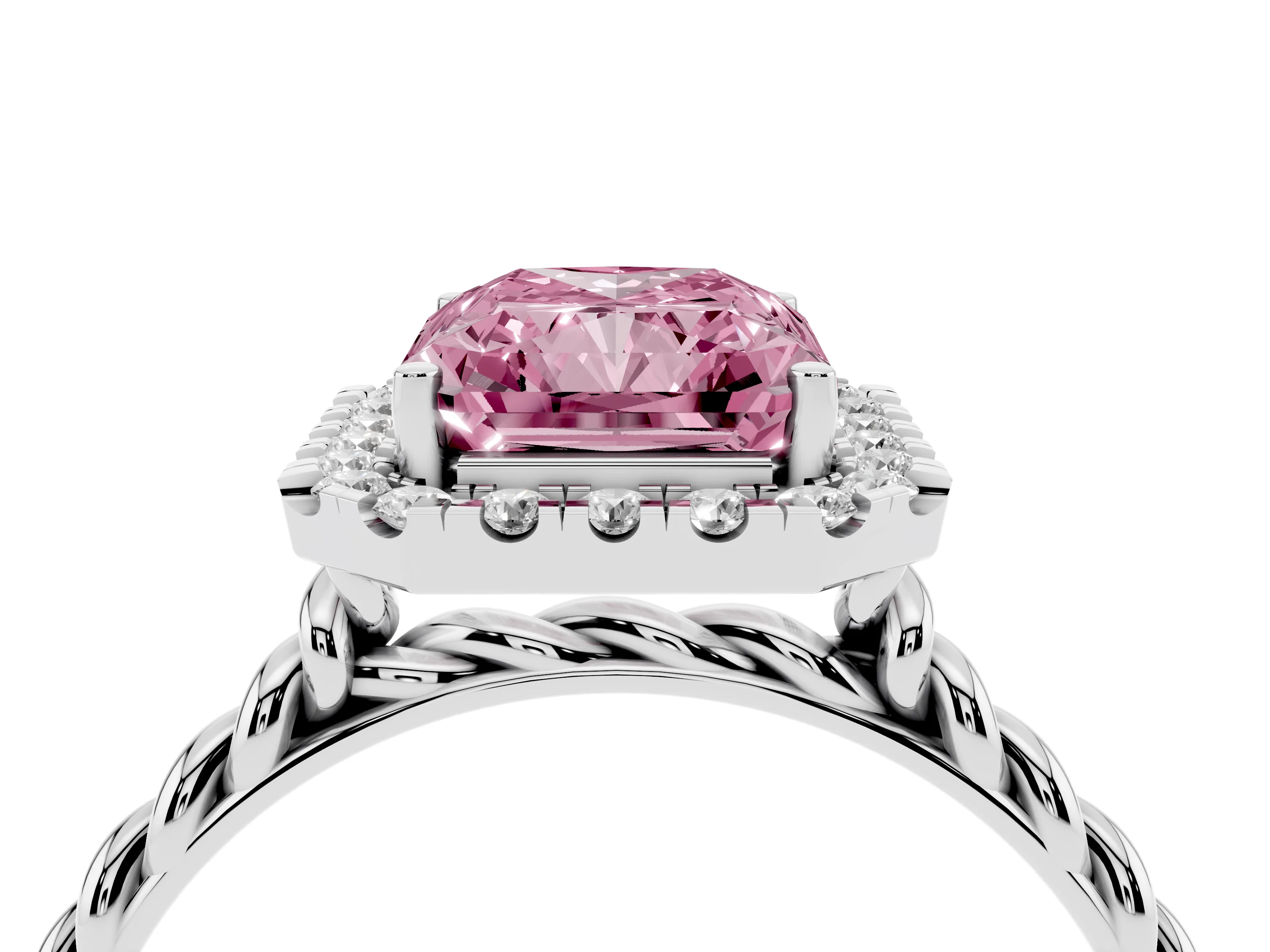 Fancy Pink Radiant Cut Diamond Halo Ring Set in Platinum with Plain Twisted Band