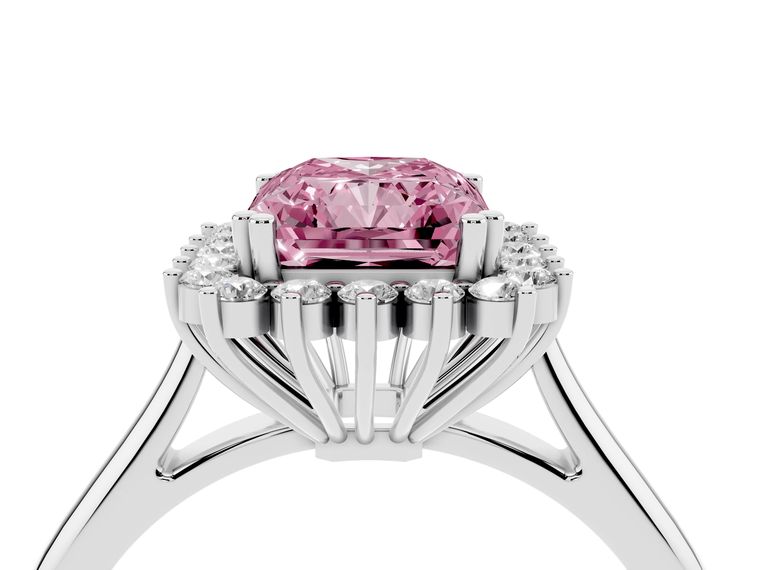 Fancy Pink Radiant Cut Diamond Halo Ring Set in Platinum with Plain Solitaire Band and Prong Setting
