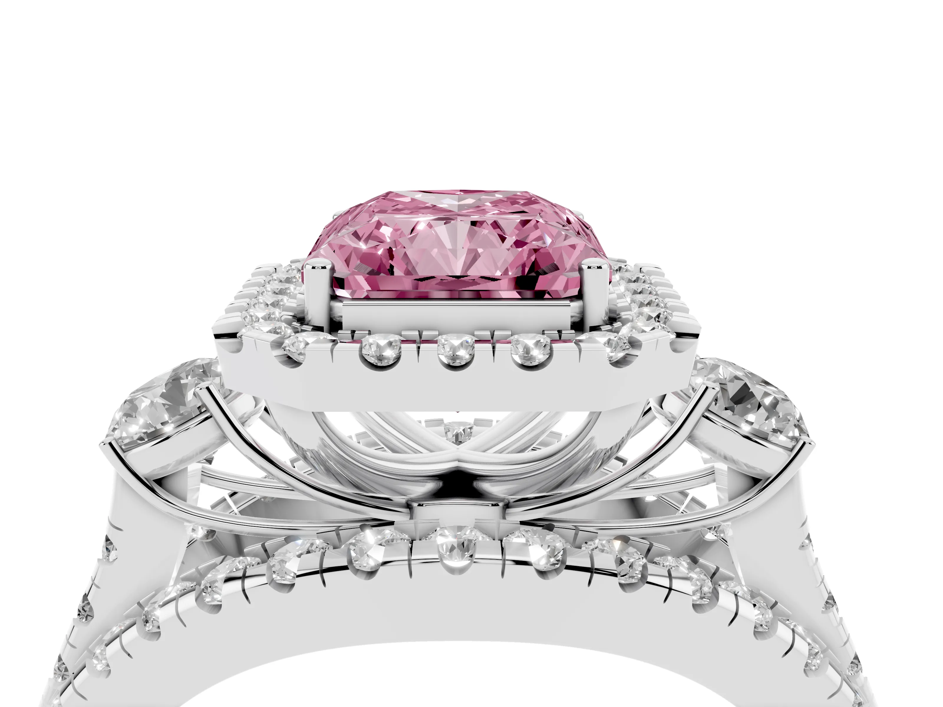 Fancy Pink Radiant Cut Diamond Halo Split Shank Ring Set in Silver with Round Accent Stones and Prong Setting