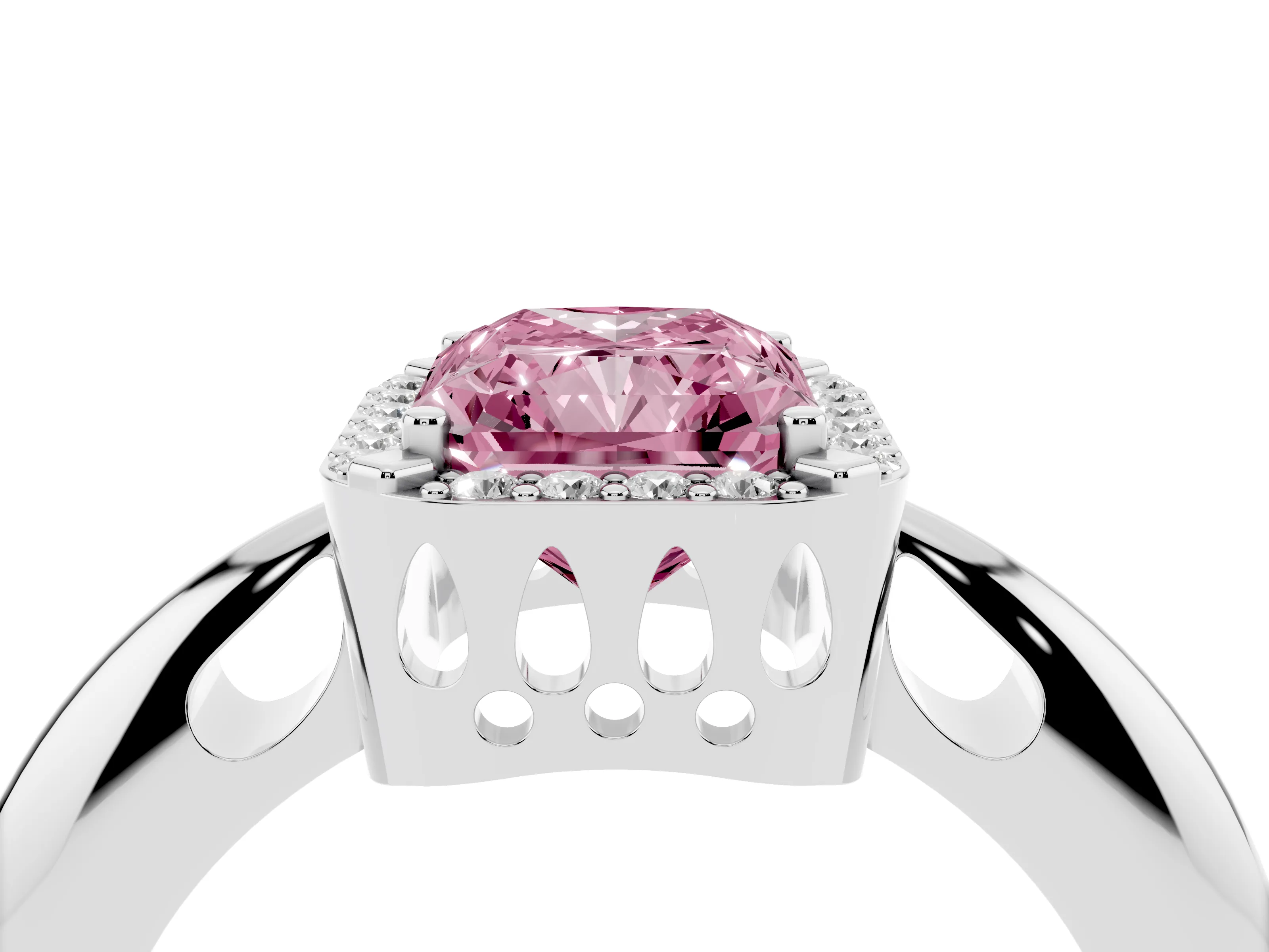 Fancy Pink Radiant Cut Diamond Halo Engagement Ring Set in Platinum with Plain Split Shank and Prong Setting