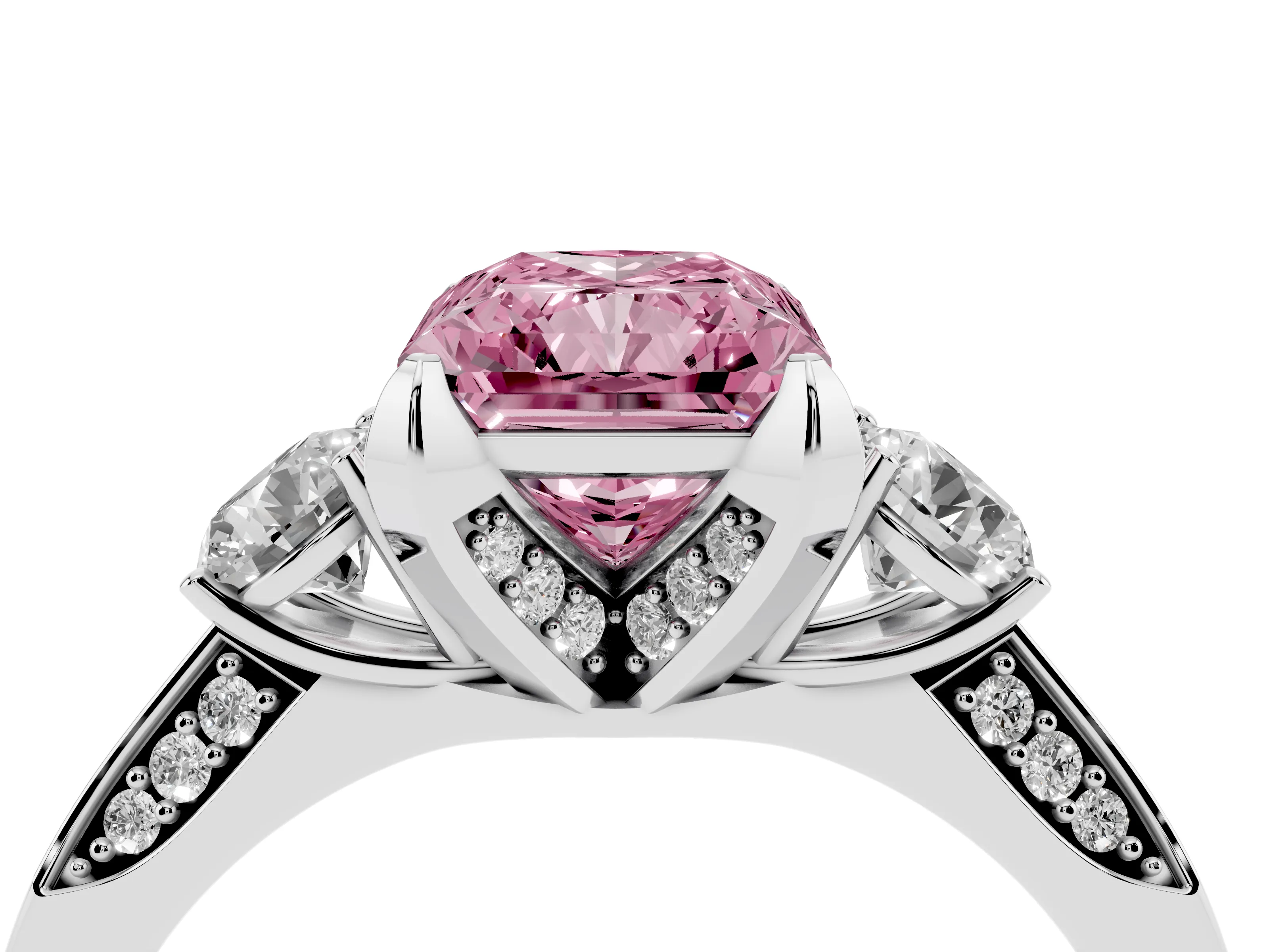 Fancy Pink Radiant Cut Diamond Three-Stone Ring Set in White gold with Pavé Band and Smaller Side Stones