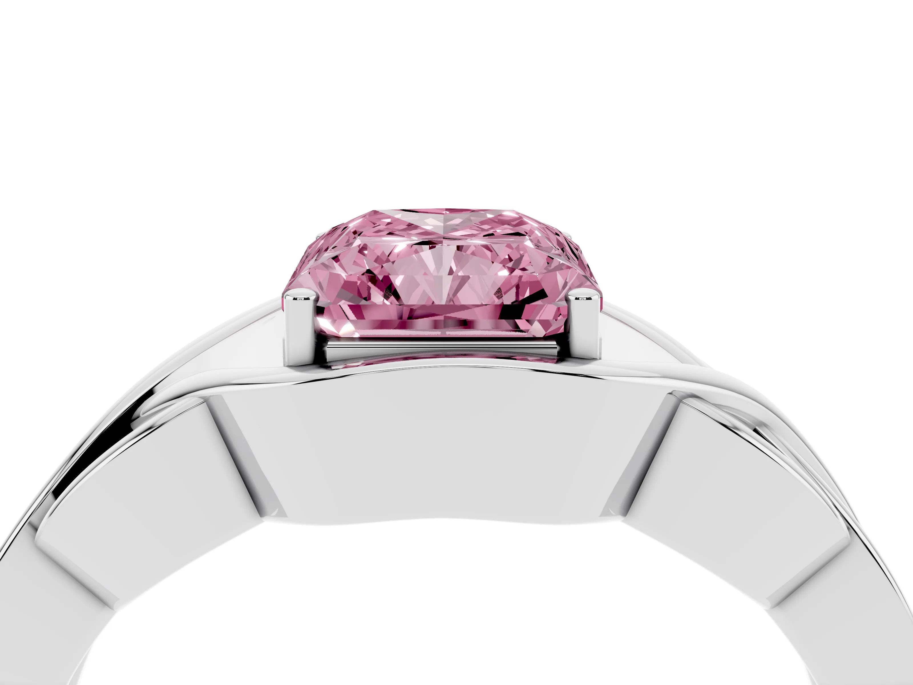Fancy Pink Radiant Cut Diamond Solitaire Ring Set in White gold with Intertwined Band