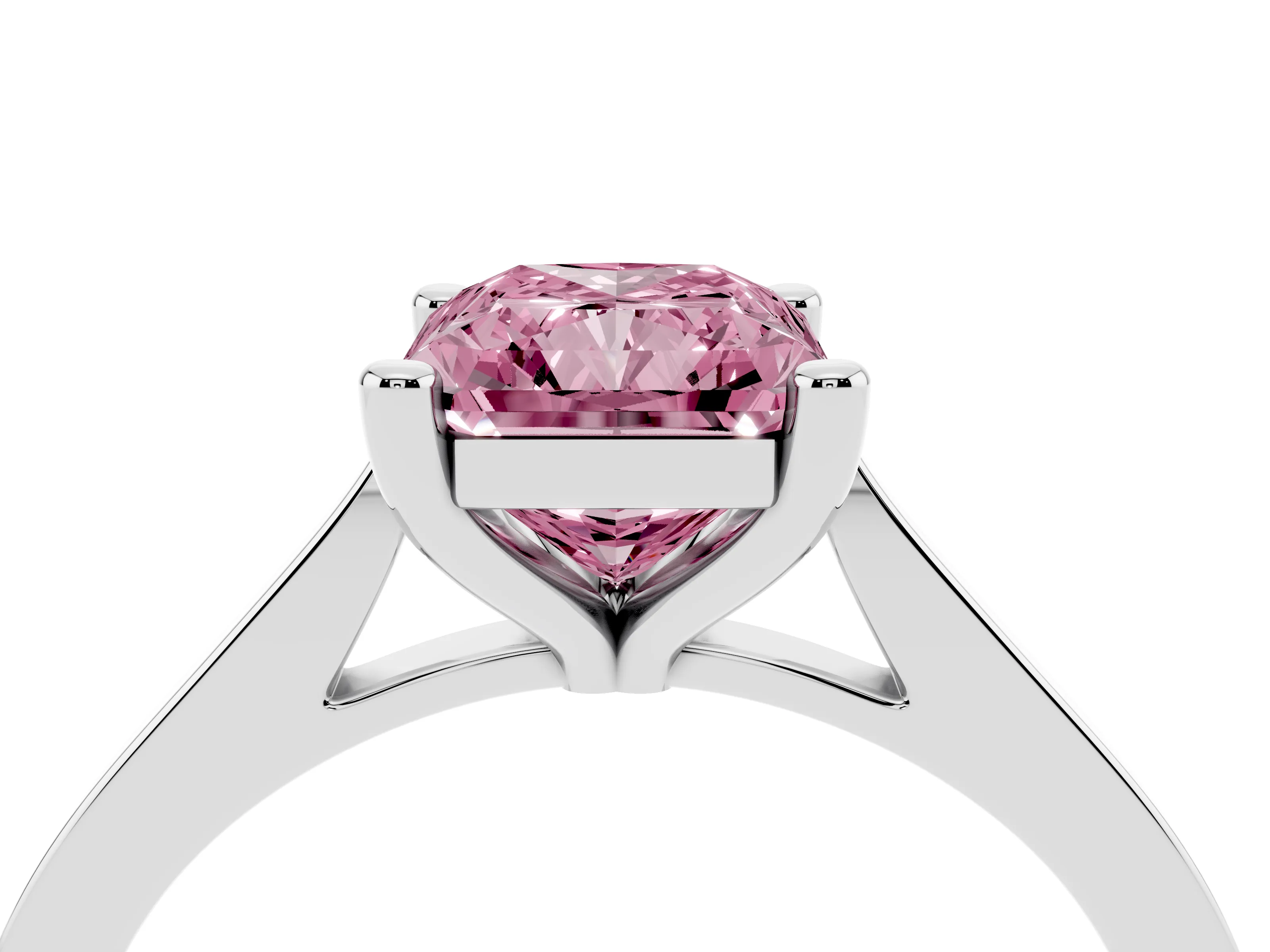 Fancy Pink Radiant Cut Diamond Solitaire Ring Set in Silver with Prong Setting and Tapered Band
