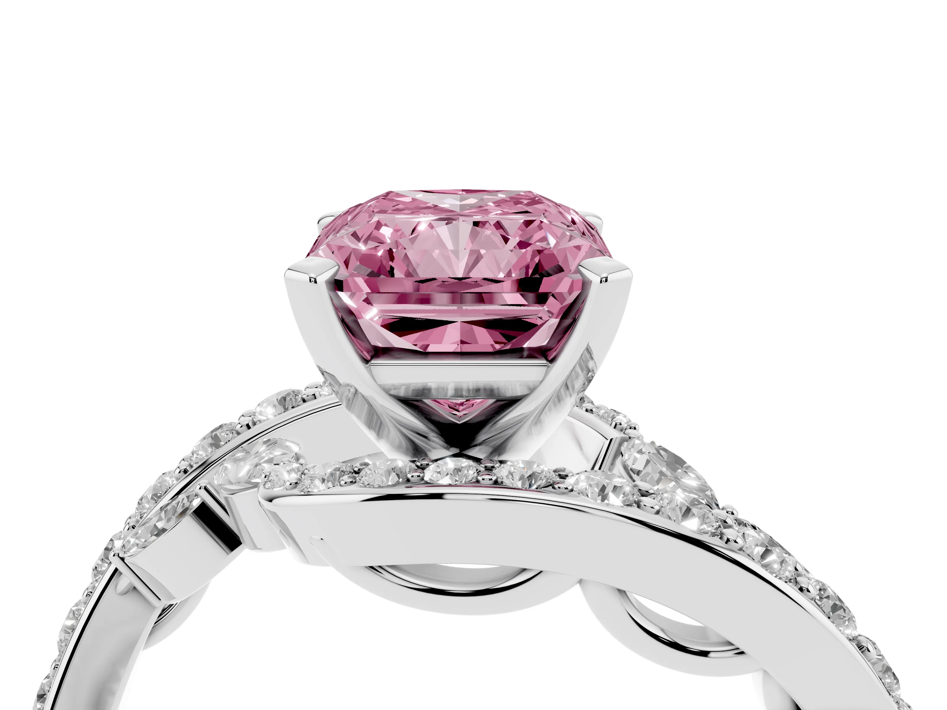 Fancy Pink Radiant Cut Diamond Solitaire Ring Set in White gold with Pavé Twist Band and Secure Prong Setting