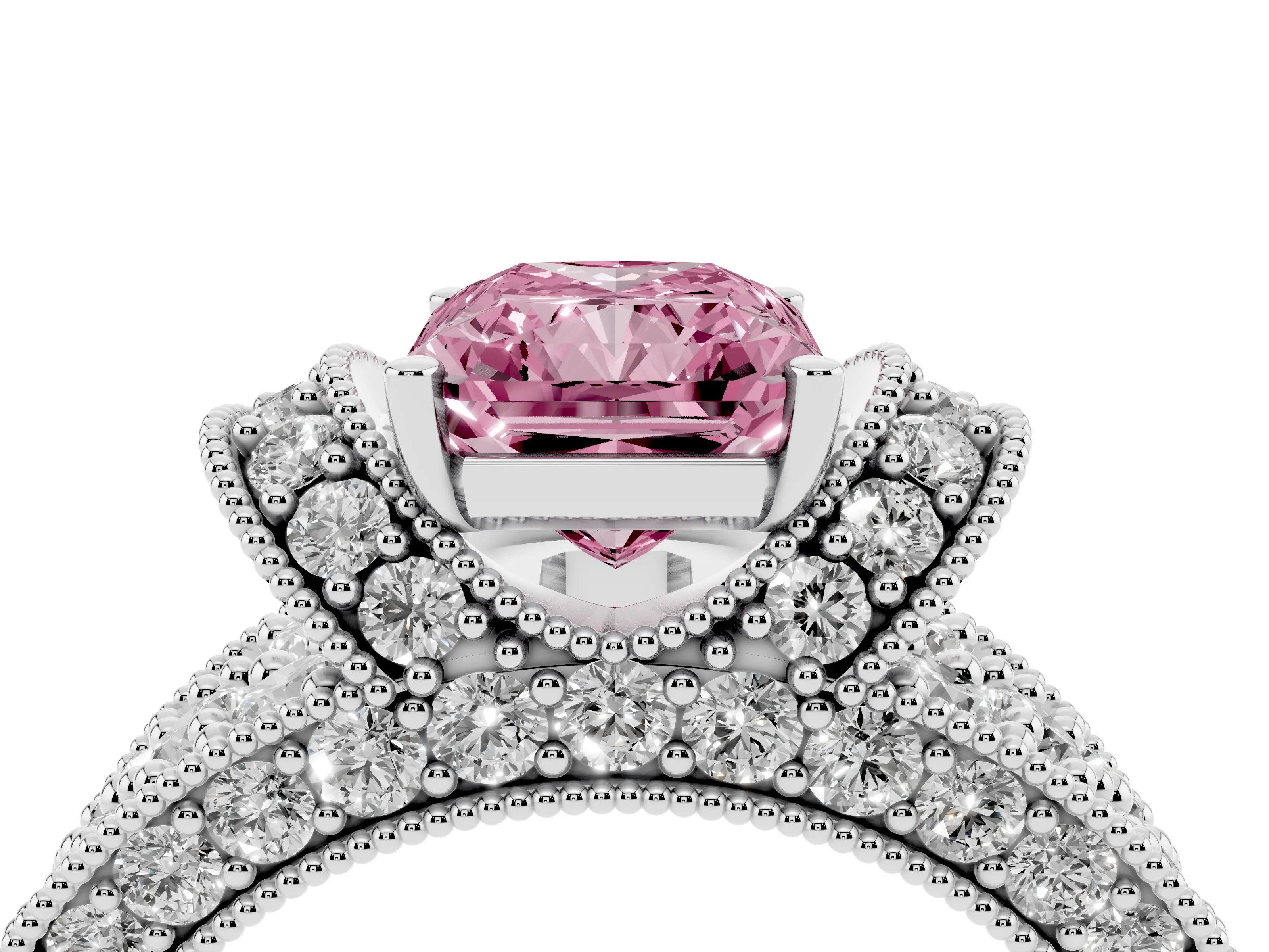 Fancy Pink Radiant Cut Diamond Milgrain Halo Pavé Engagement Ring Set in White gold with Prong Setting