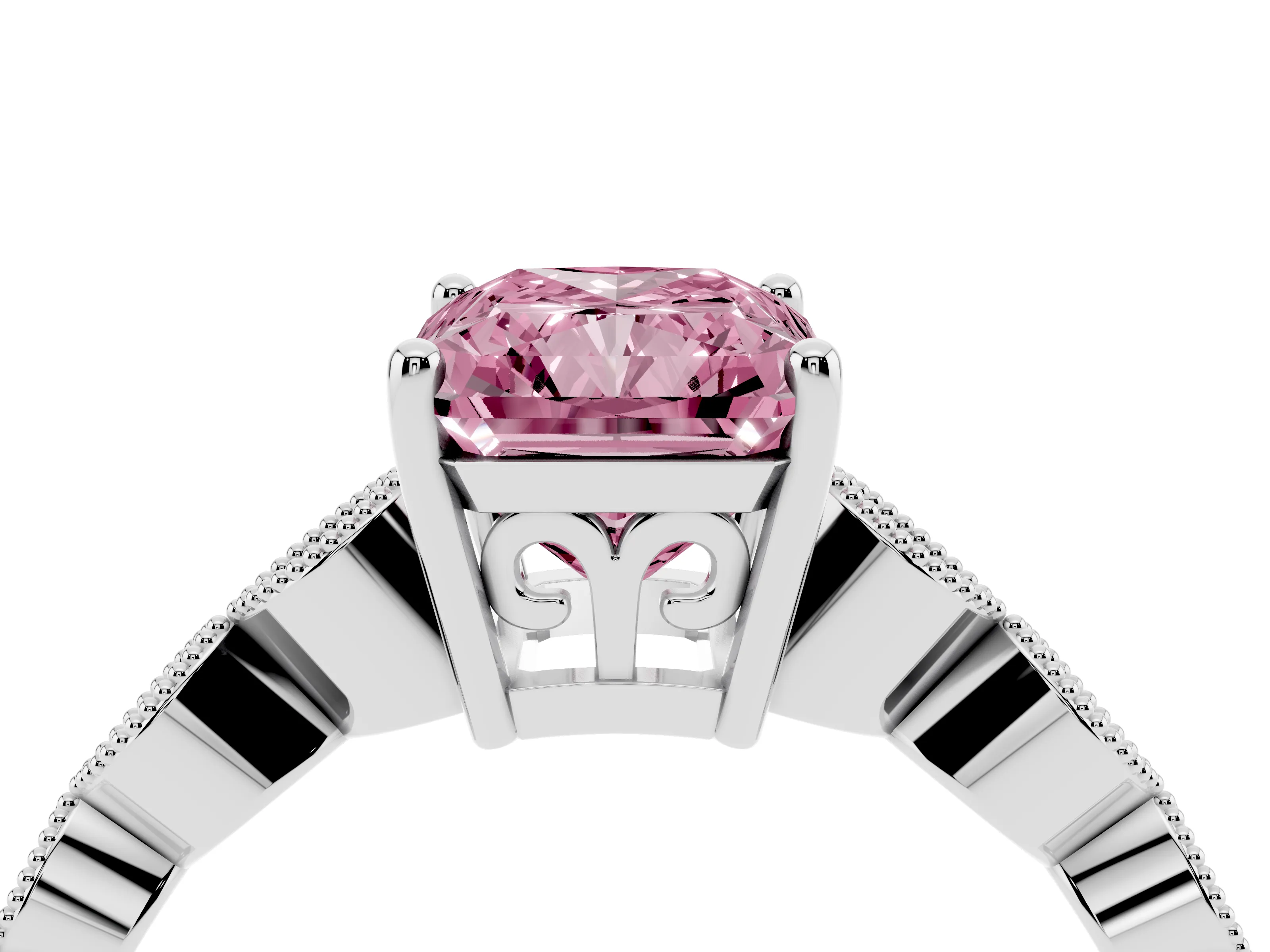 Fancy Pink Radiant Cut Diamond Solitaire Ring Set in Platinum with Infinity Twist Pavé Band