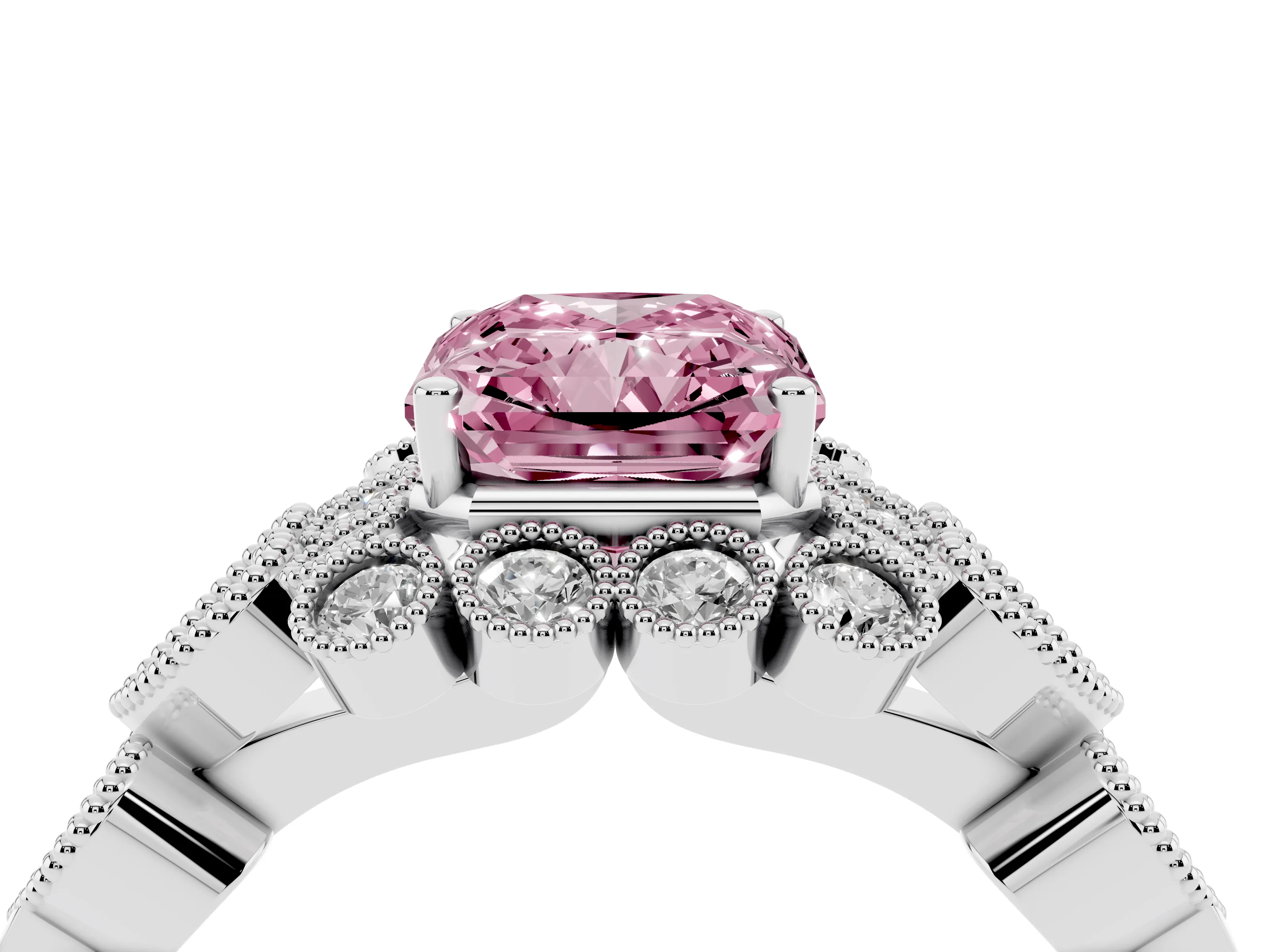 Fancy Pink Radiant Cut Diamond Solitaire Ring Set in Silver with Milgrain Pavé Heart Band