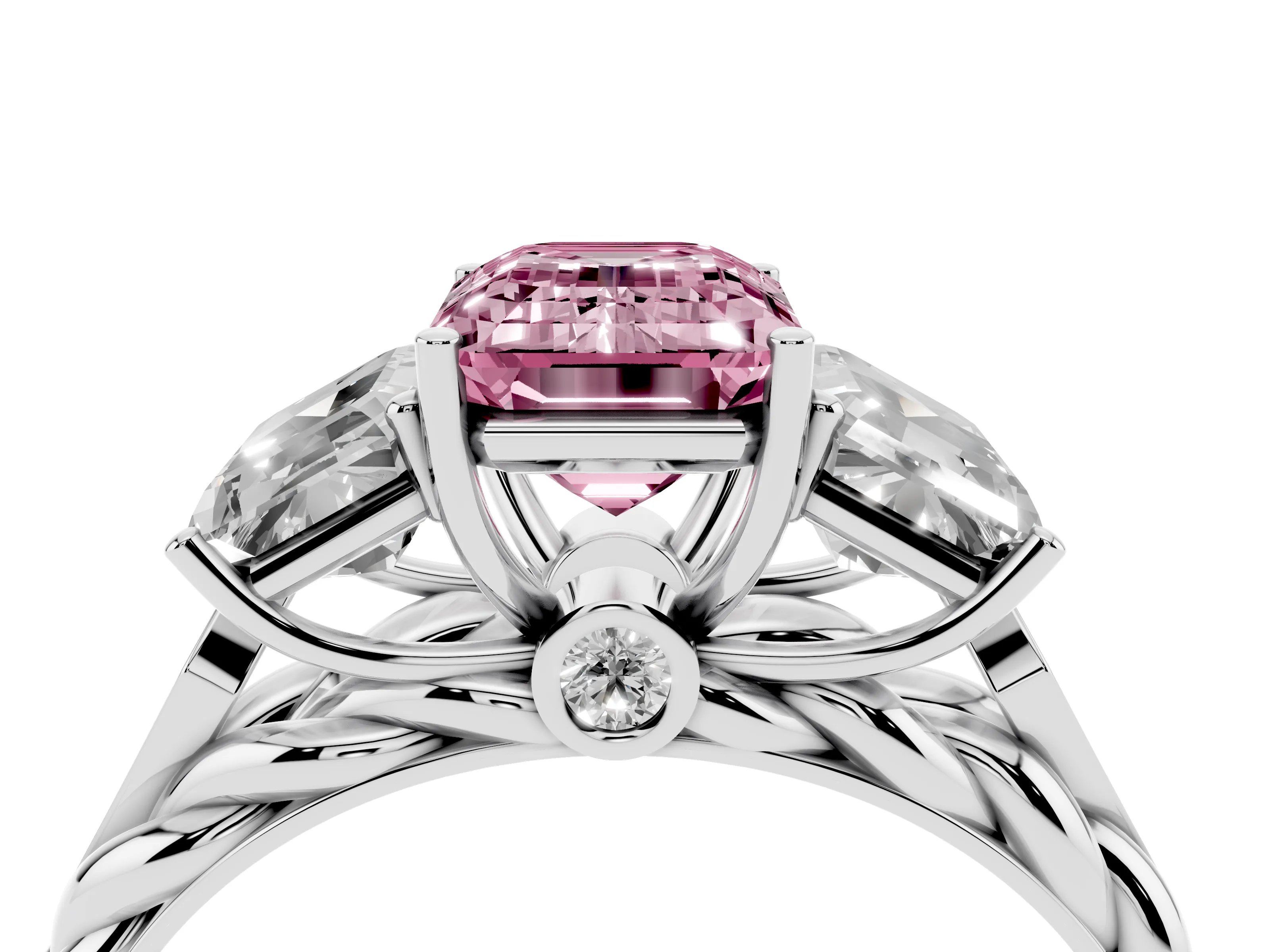 Fancy Pink Radiant Cut Diamond Three-Stone Ring Set in Platinum with Braided Band