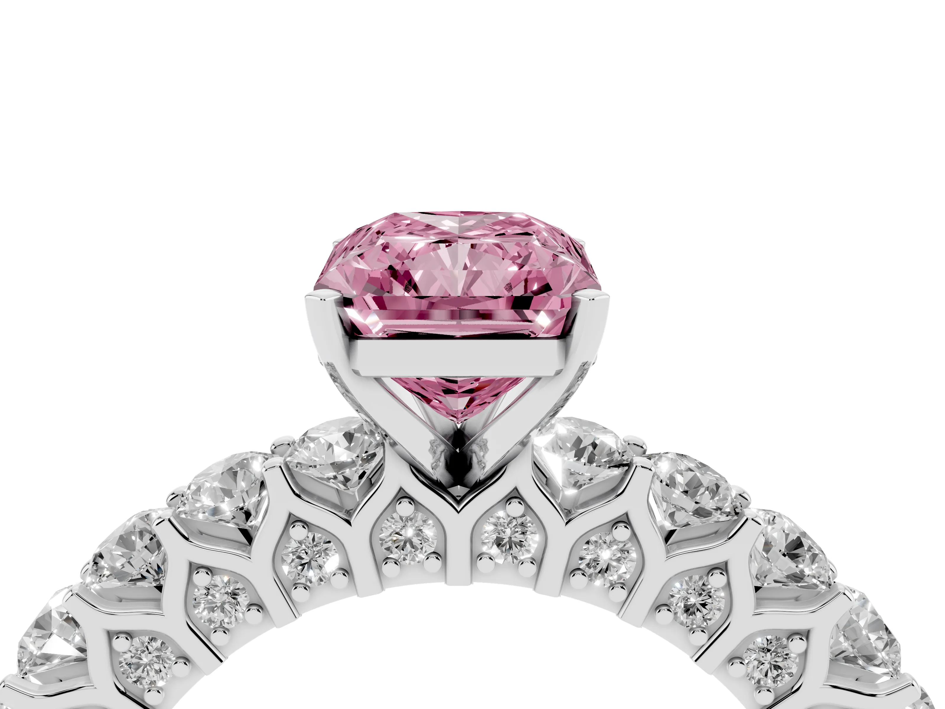 Fancy Pink Radiant Cut Diamond Solitaire Ring Set in Silver with Shared Prong Pavé Band