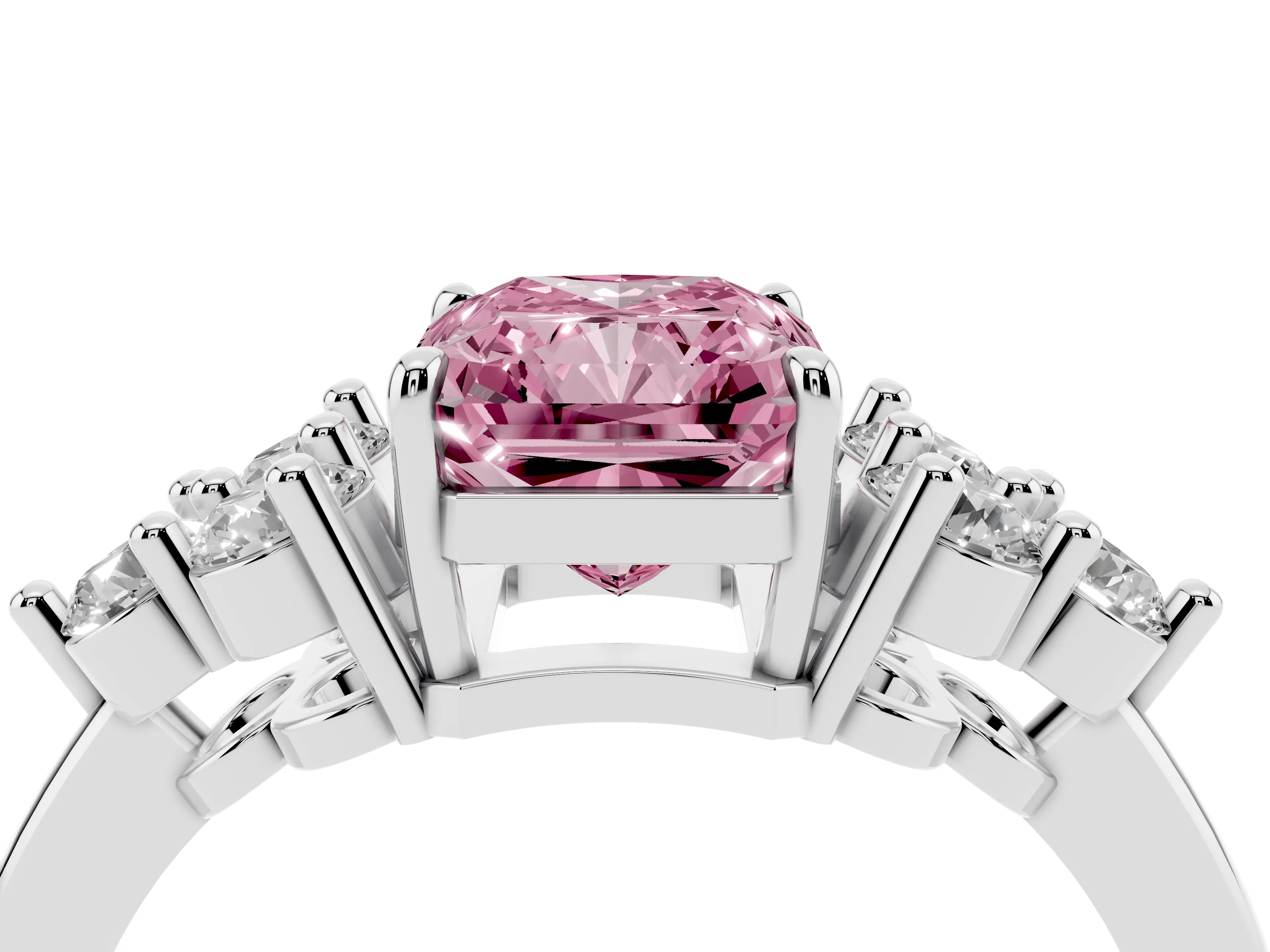 Fancy Pink Radiant Cut Diamond Solitaire Ring Set in White gold with Cluster Accents on Each Side