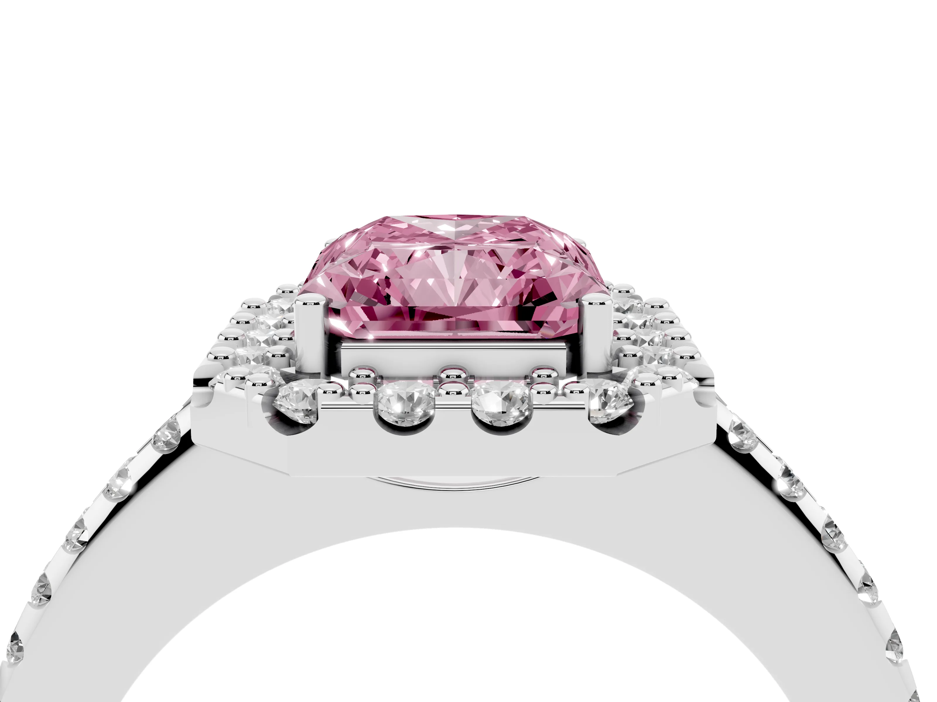 Fancy Pink Radiant Cut Diamond Pavé Halo Ring Set in Platinum with Prong Setting