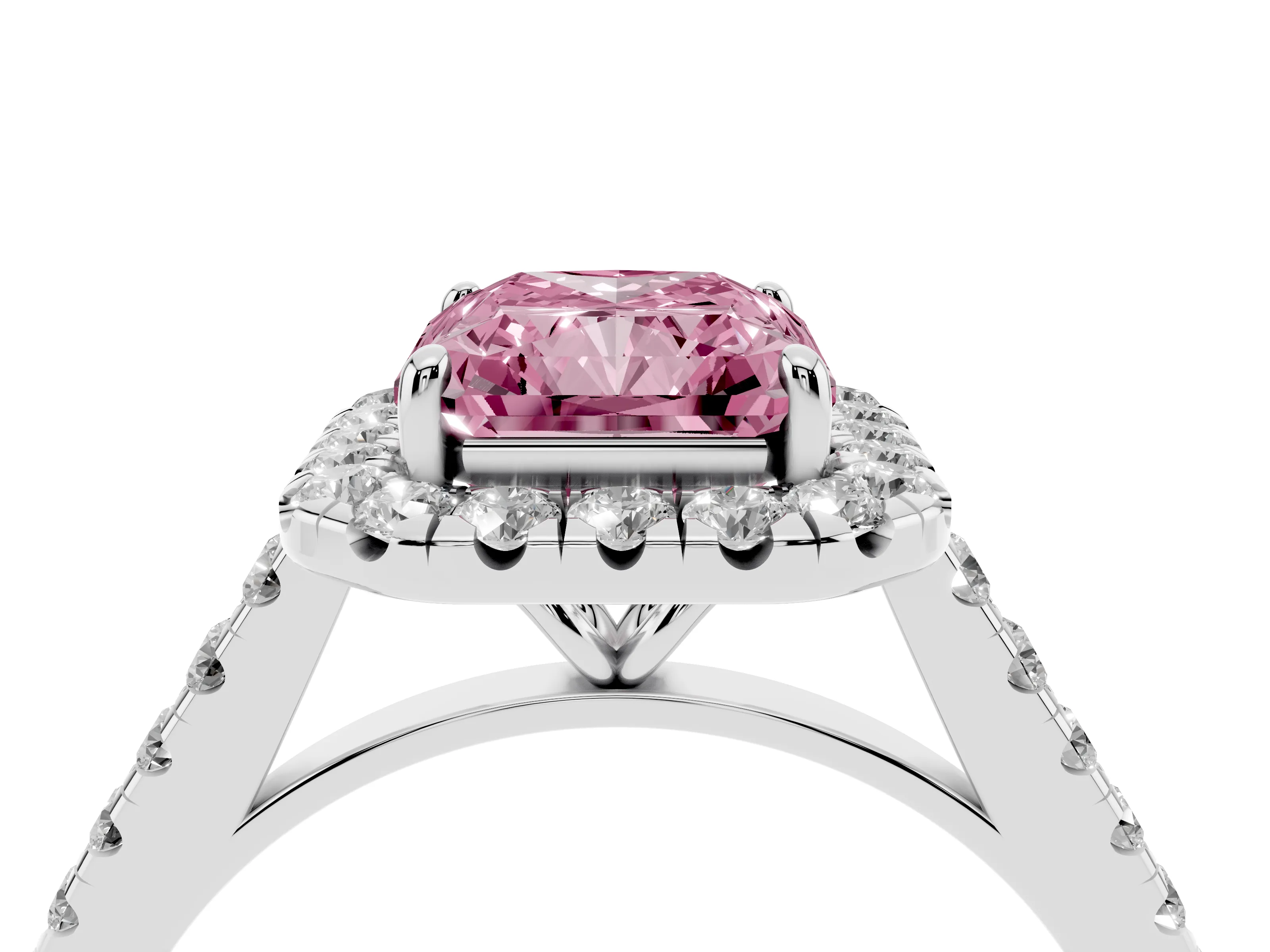 Fancy Pink Radiant Cut Diamond Halo Pavé Engagement Ring Set in Silver with Prong Setting