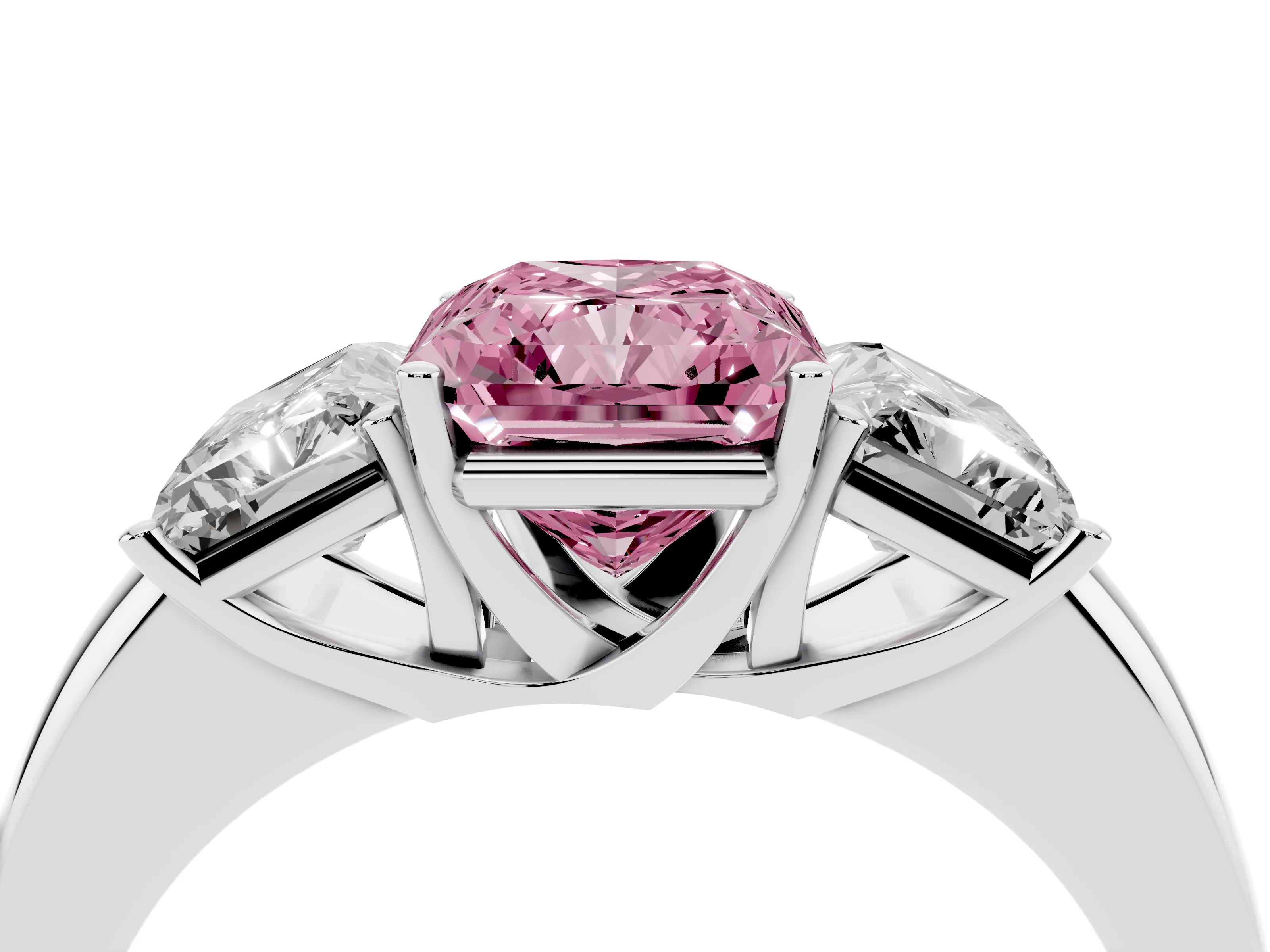 Fancy Pink Radiant Cut Diamond Three-Stone Ring Set in Platinum with Bold Center and Classic Band