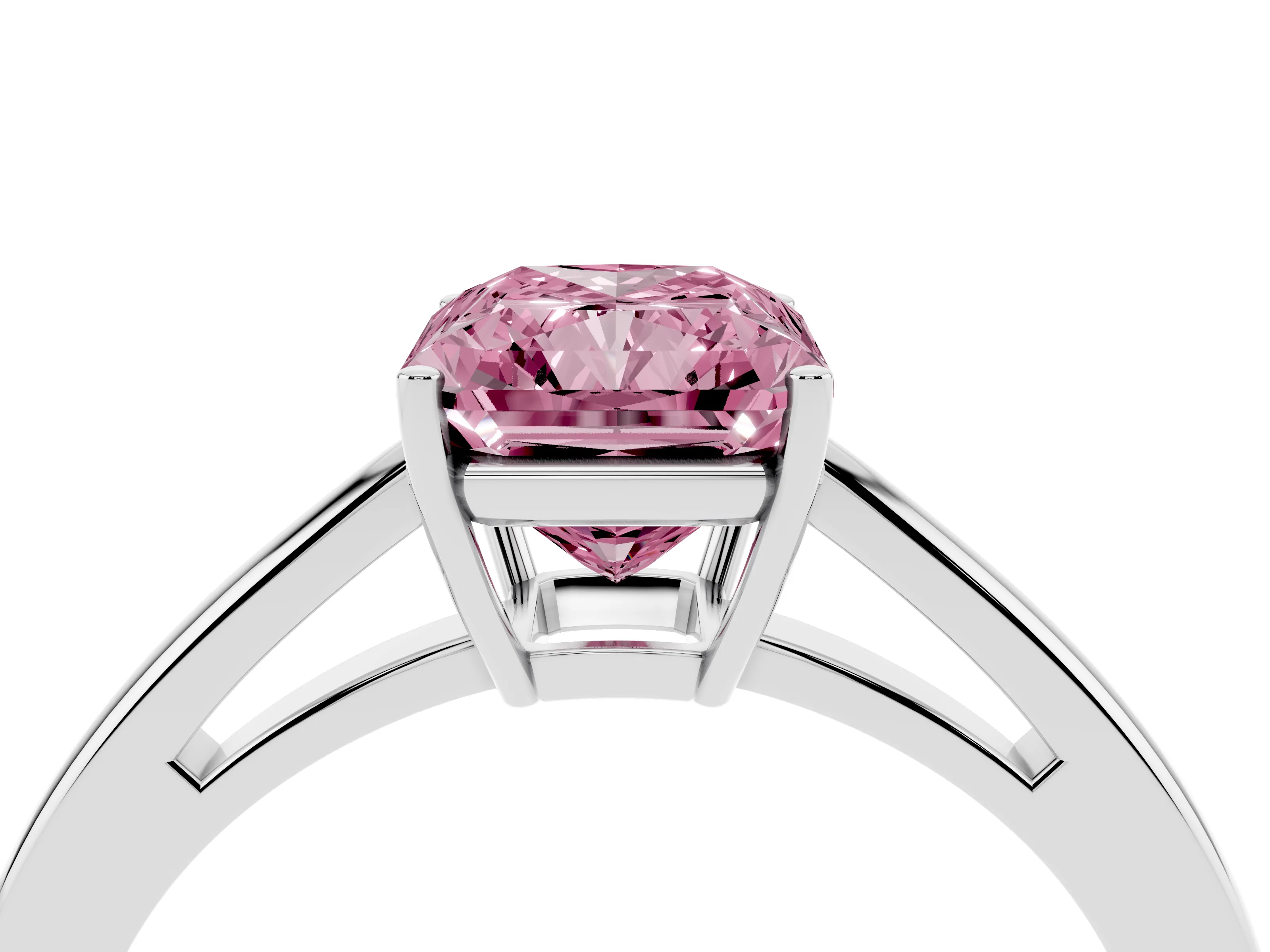 Fancy Pink Radiant Cut Diamond Solitaire Ring Set in Silver with Split Shank and Prong Setting