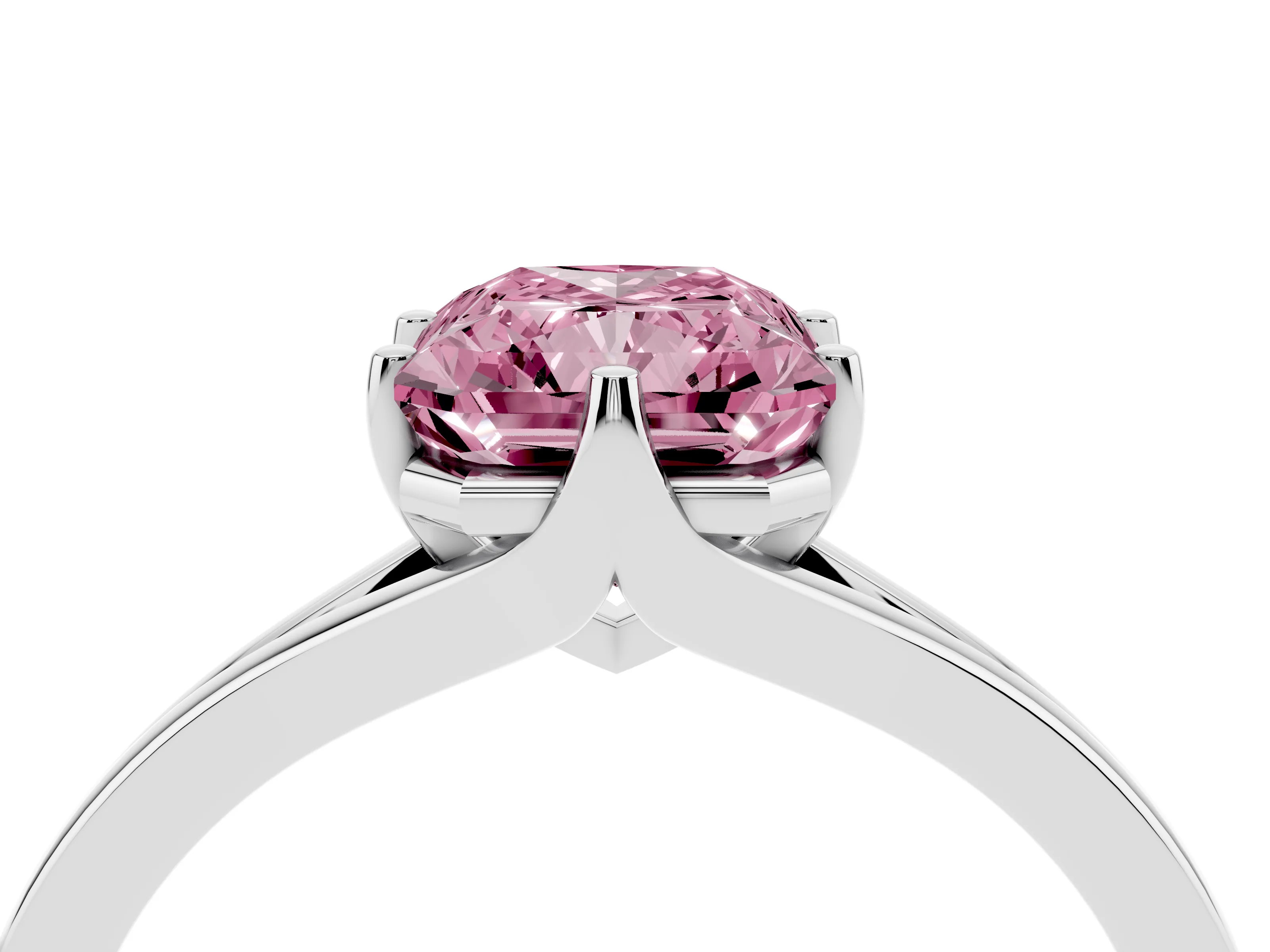 Fancy Pink Radiant Cut Diamond Solitaire Ring Set in Platinum with Polished Tapered Band and Prong Setting