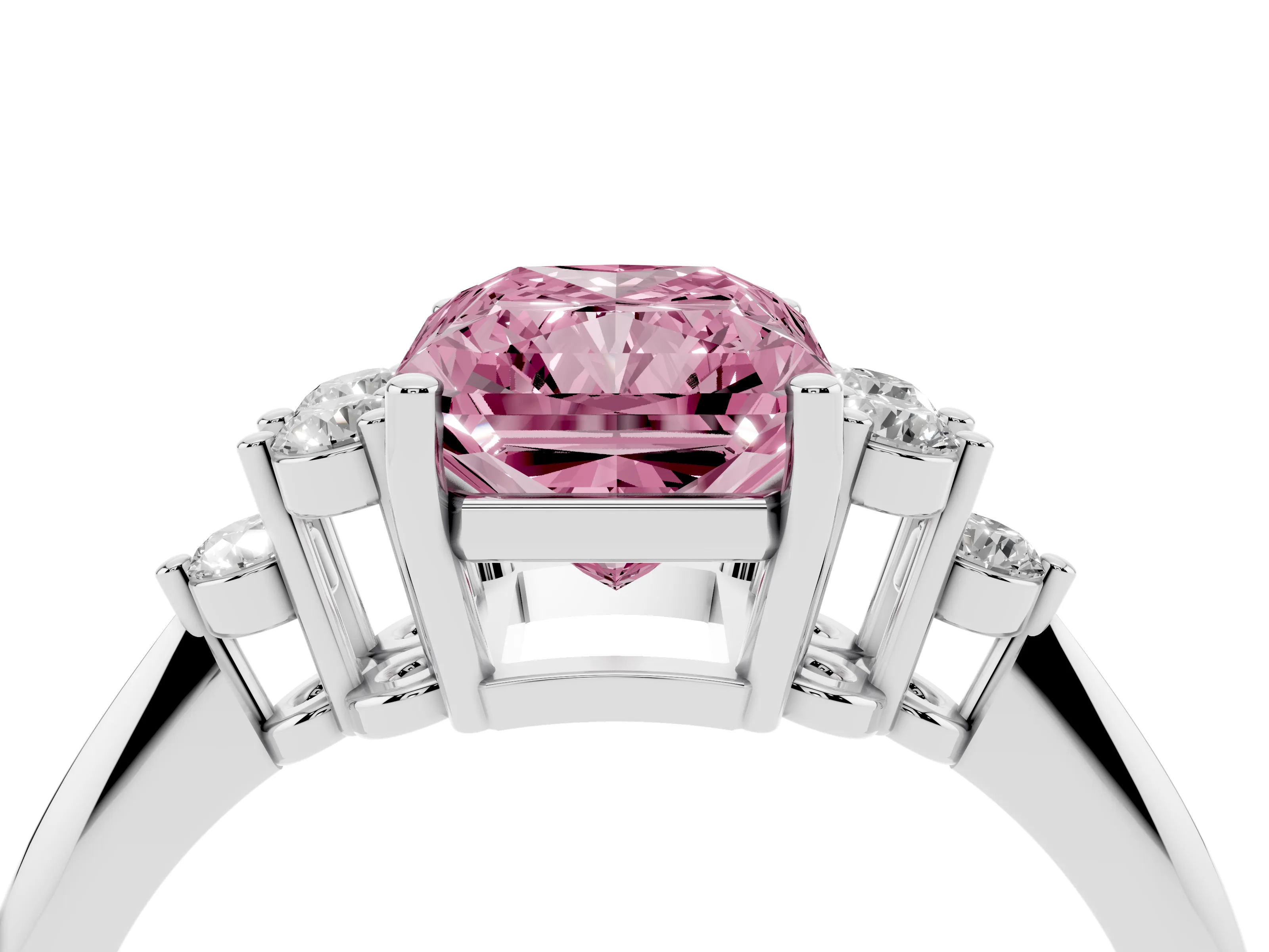 Fancy Pink Radiant Cut Diamond Cluster Ring Set in Silver with Plain Band and Prong Setting