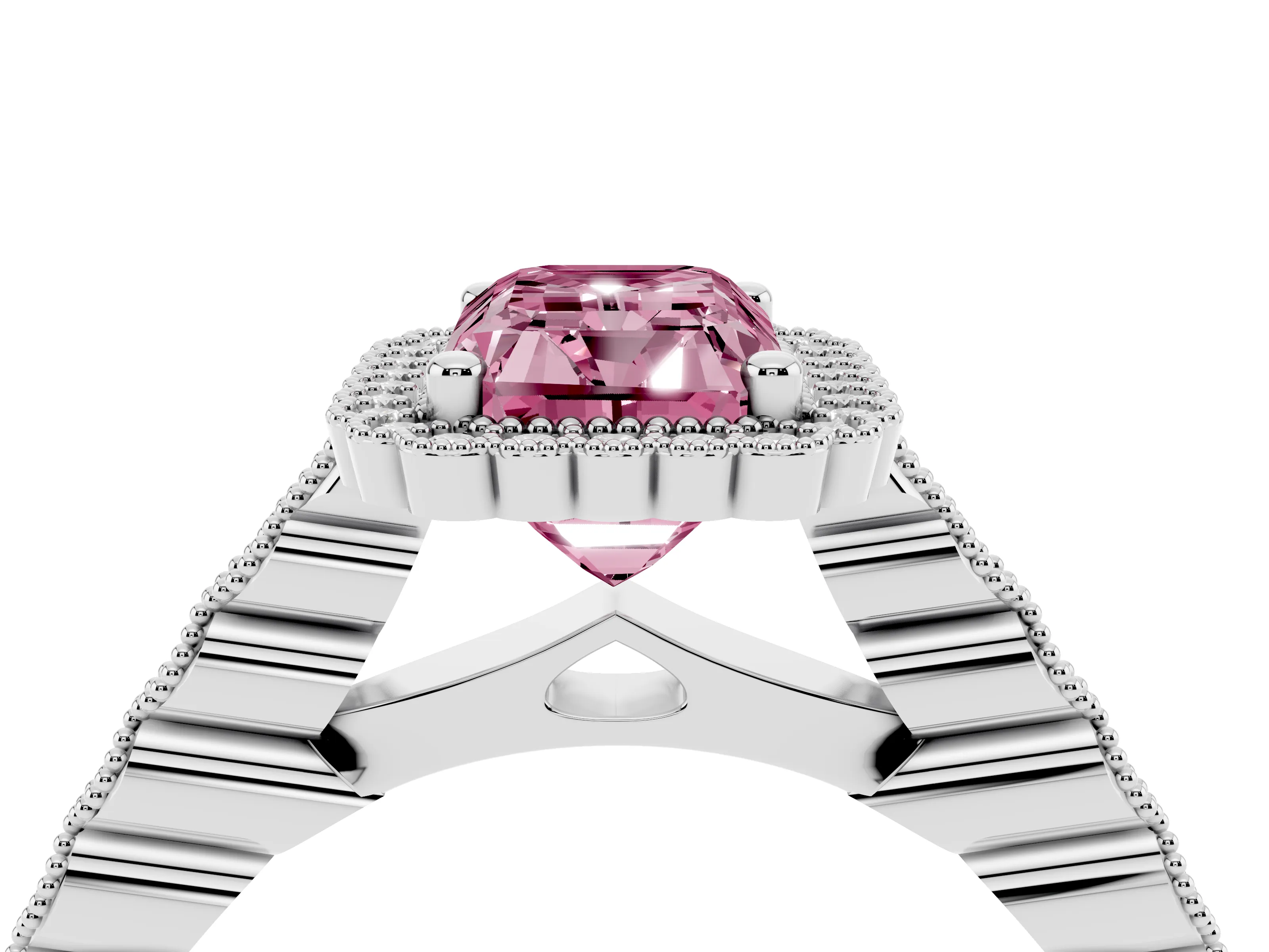 Fancy Pink Radiant Cut Diamond Halo Ring Set in Silver with Pavé Milgrain Band