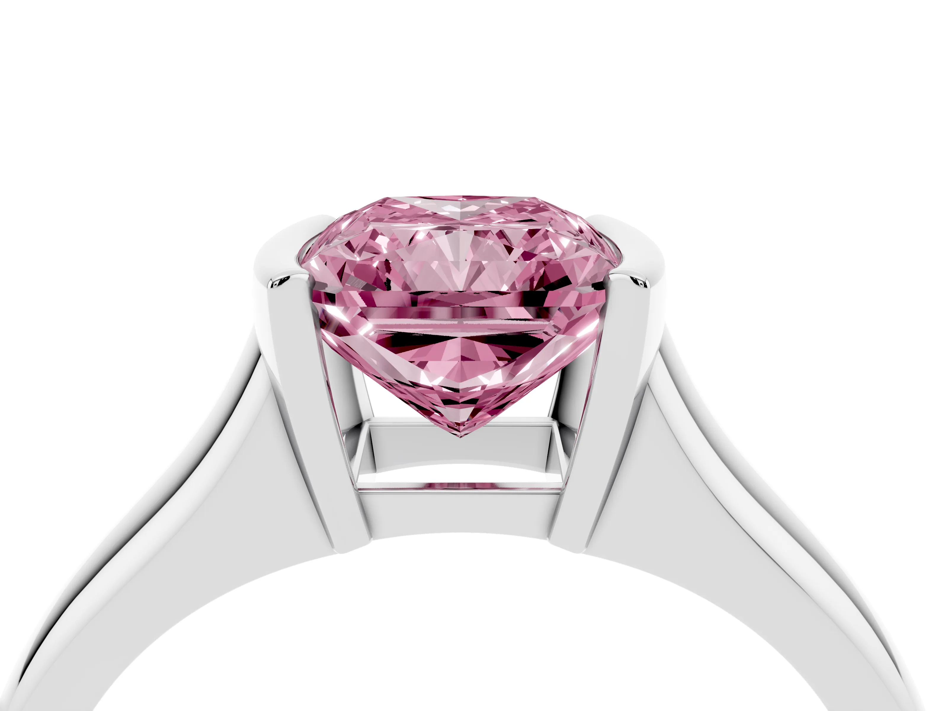 Fancy Pink Radiant Cut Diamond Solitaire Tension Set Ring Set in Platinum with Split Shank Band