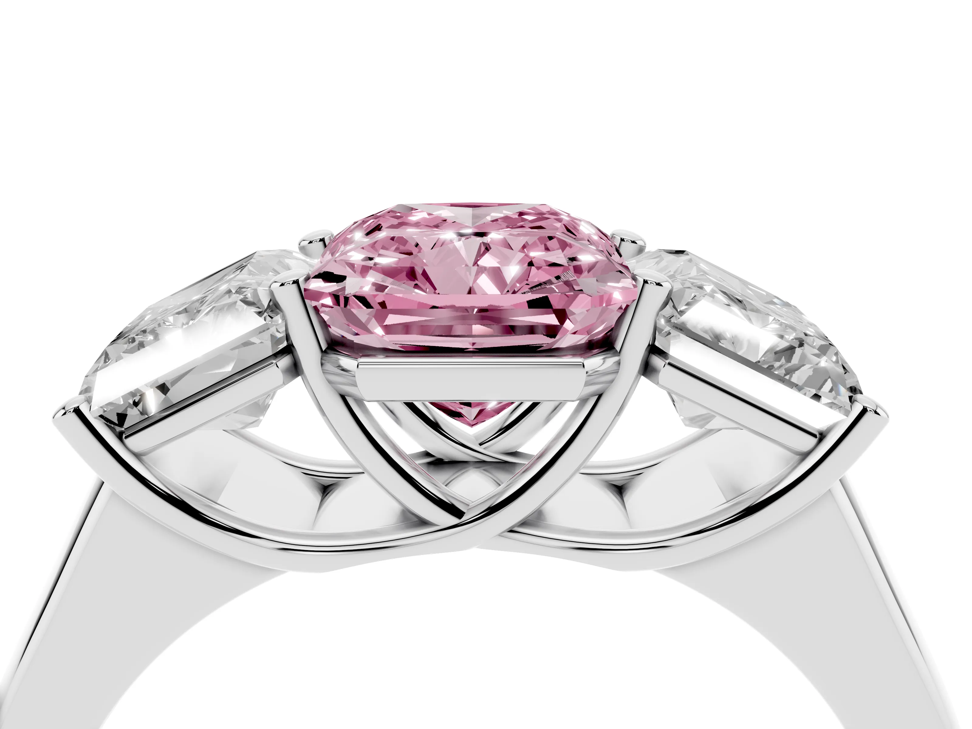 Fancy Pink Radiant Cut Diamond Three-Stone Ring Set in White gold with Plain Polished Band
