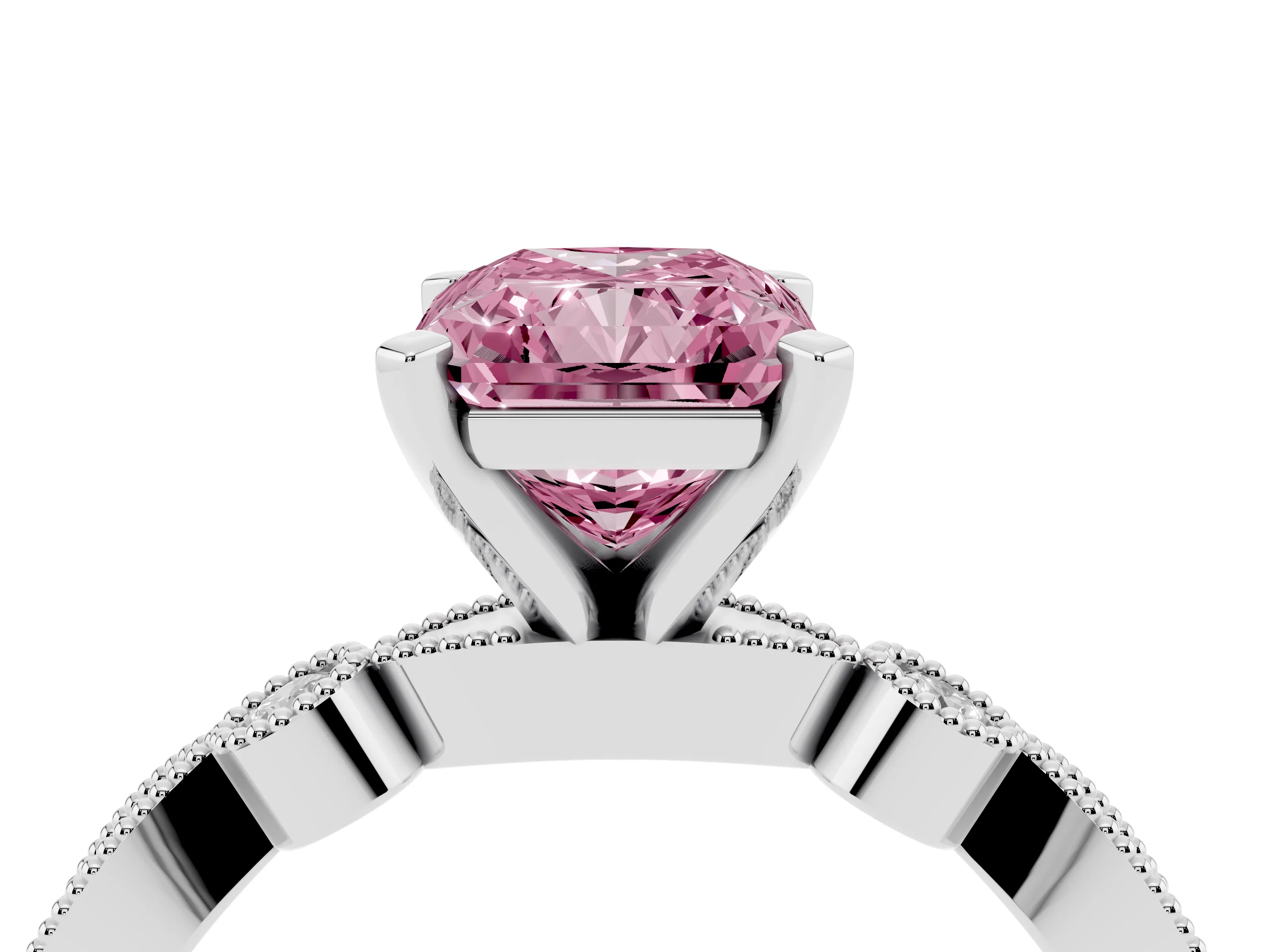 Fancy Pink Radiant Cut Diamond Solitaire Engagement Ring Set in White gold with Milgrain Bezel Accent Band