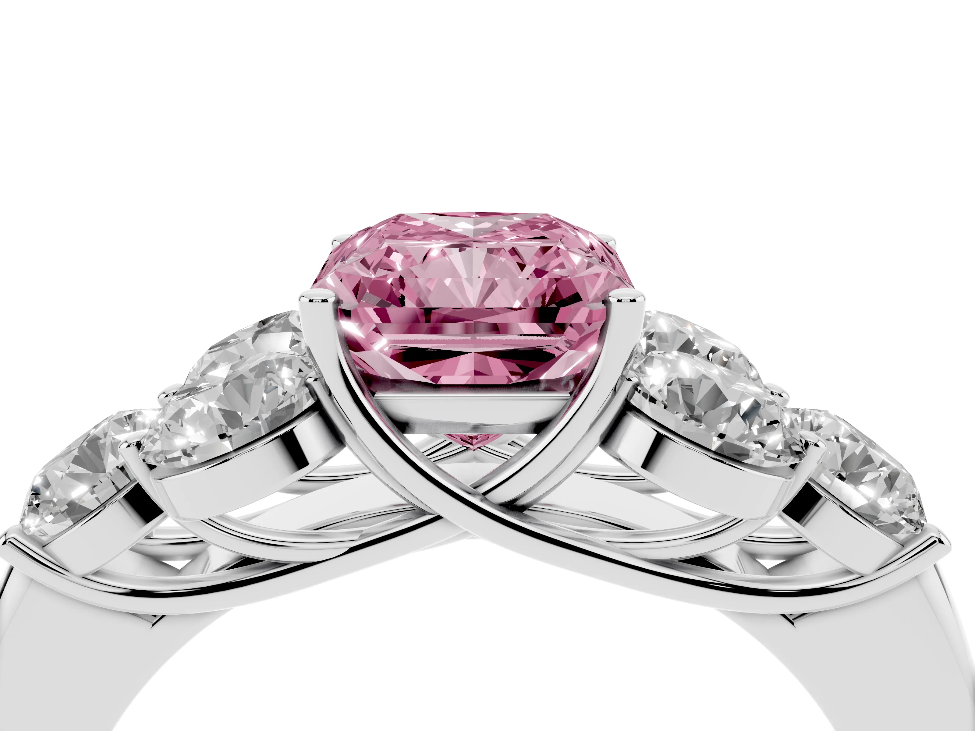 Fancy Pink Radiant Cut Diamond Cluster Ring Set in Silver with Round Accent Stones and Prong Setting on a Plain Band