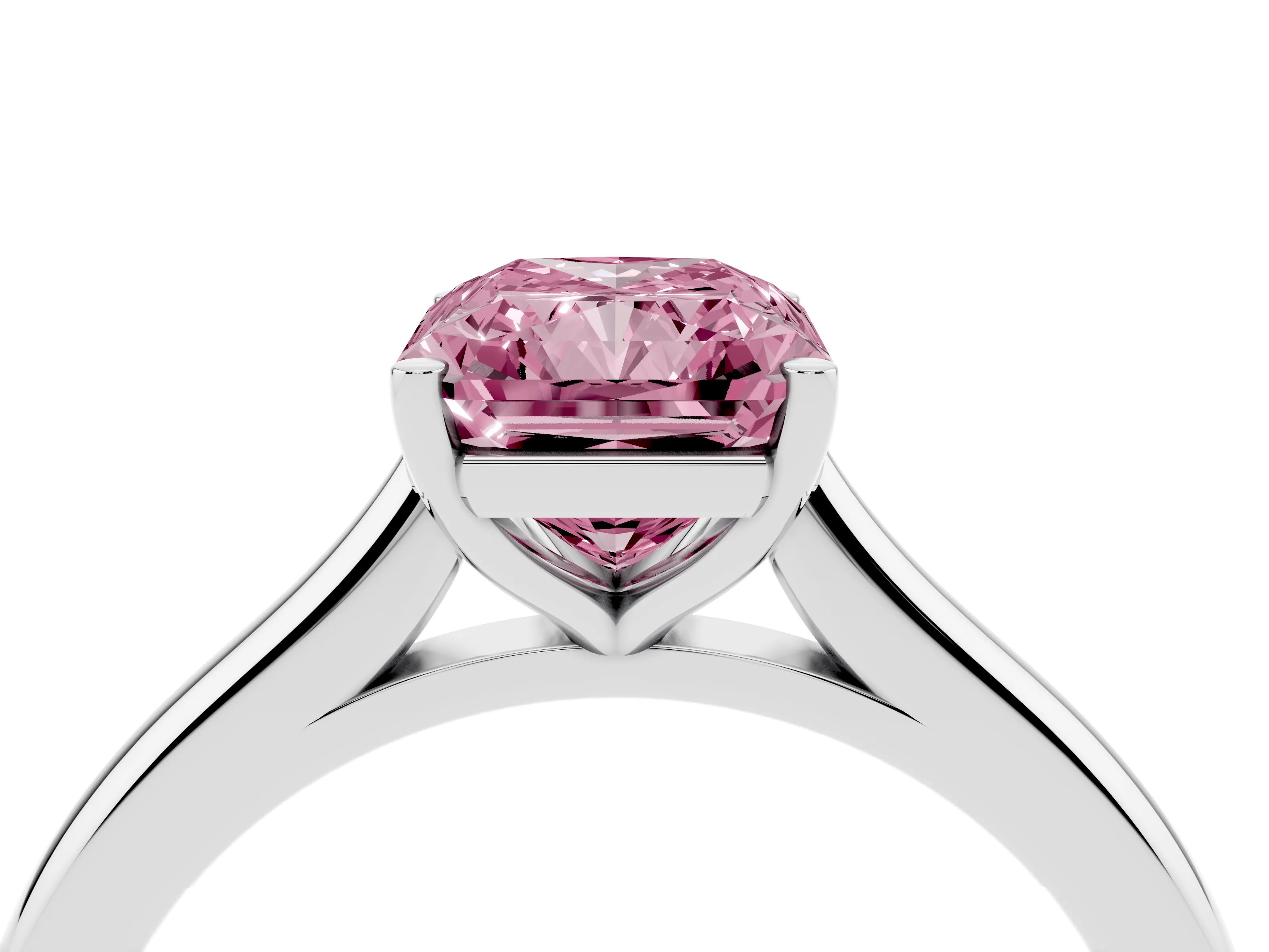 Fancy Pink Radiant Cut Diamond Solitaire Ring Set in Platinum with Cathedral Band and Prong Setting