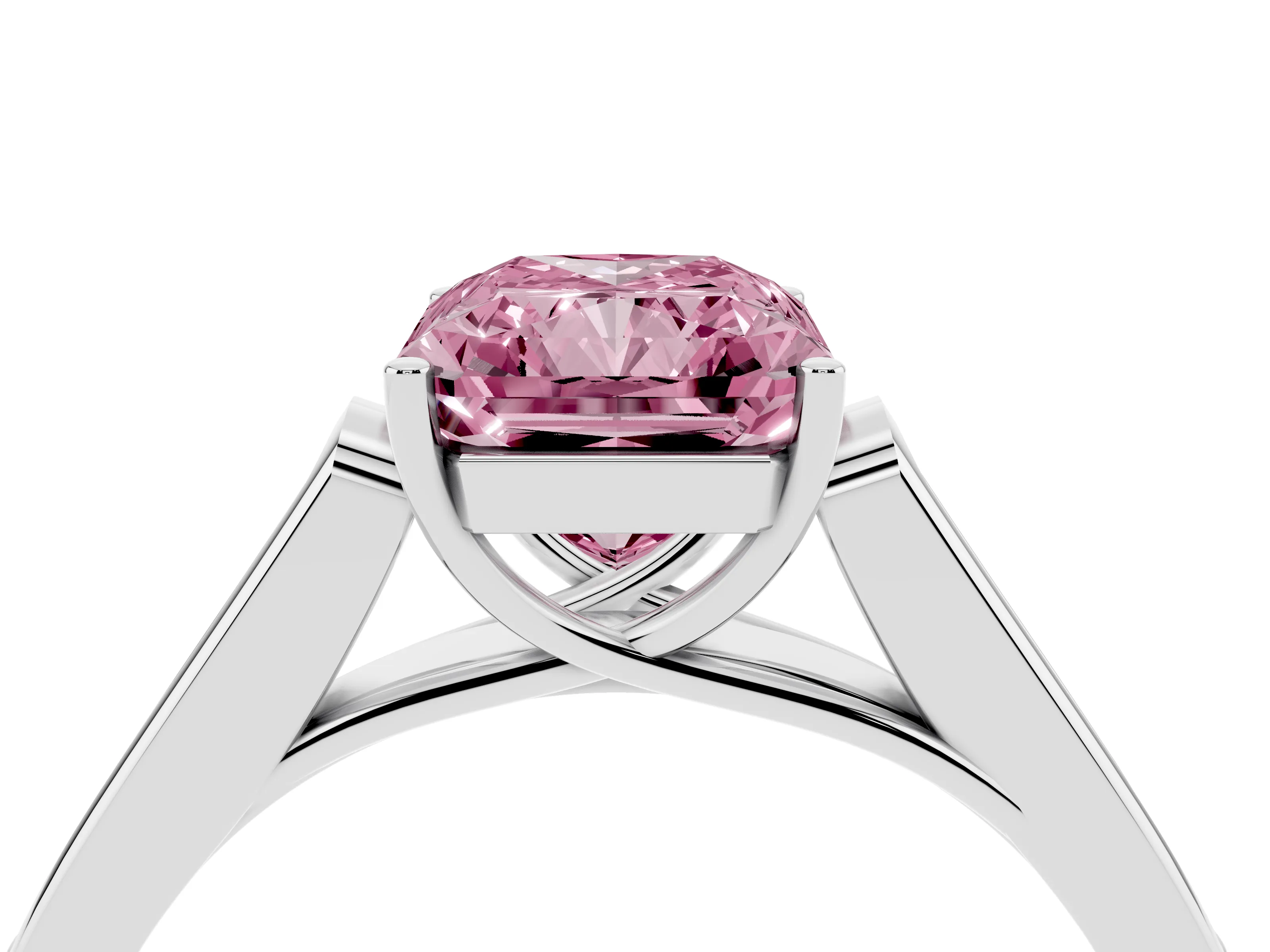 Fancy Pink Radiant Cut Diamond Solitaire Cathedral Engagement Ring Set in Platinum with Channel-Set Band and Prong Setting