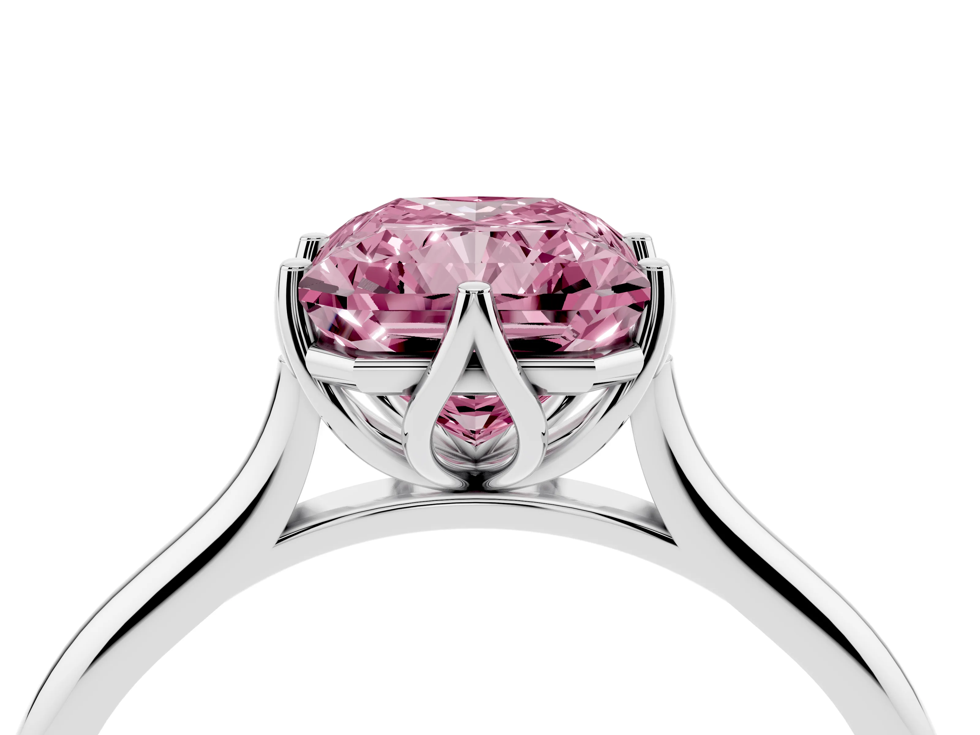 Fancy Pink Radiant Cut Diamond Solitaire Cathedral Ring Set in Silver with Prong Setting