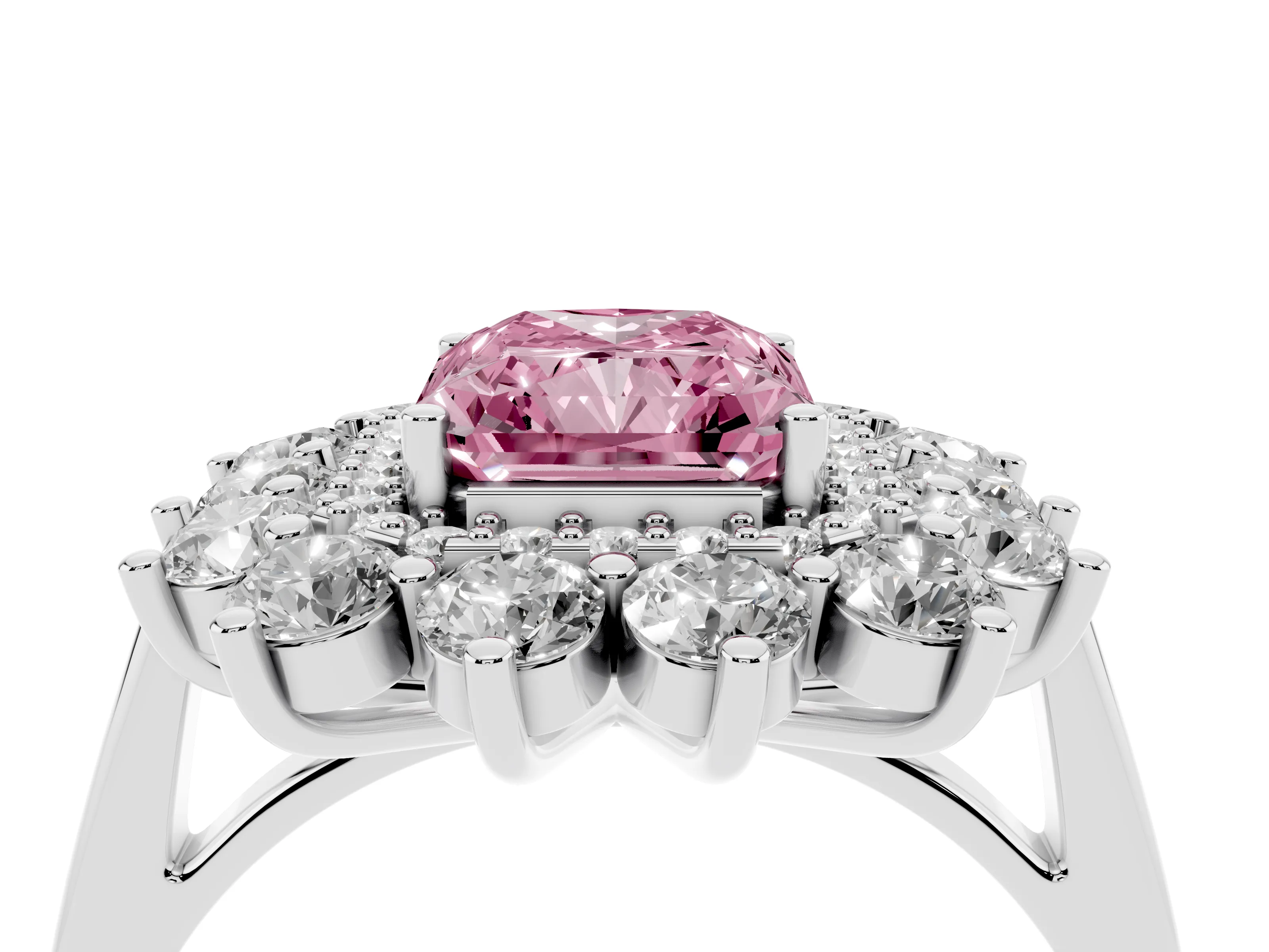 Fancy Pink Radiant Cut Diamond Floral Double Halo Ring Set in Silver with Round Petals