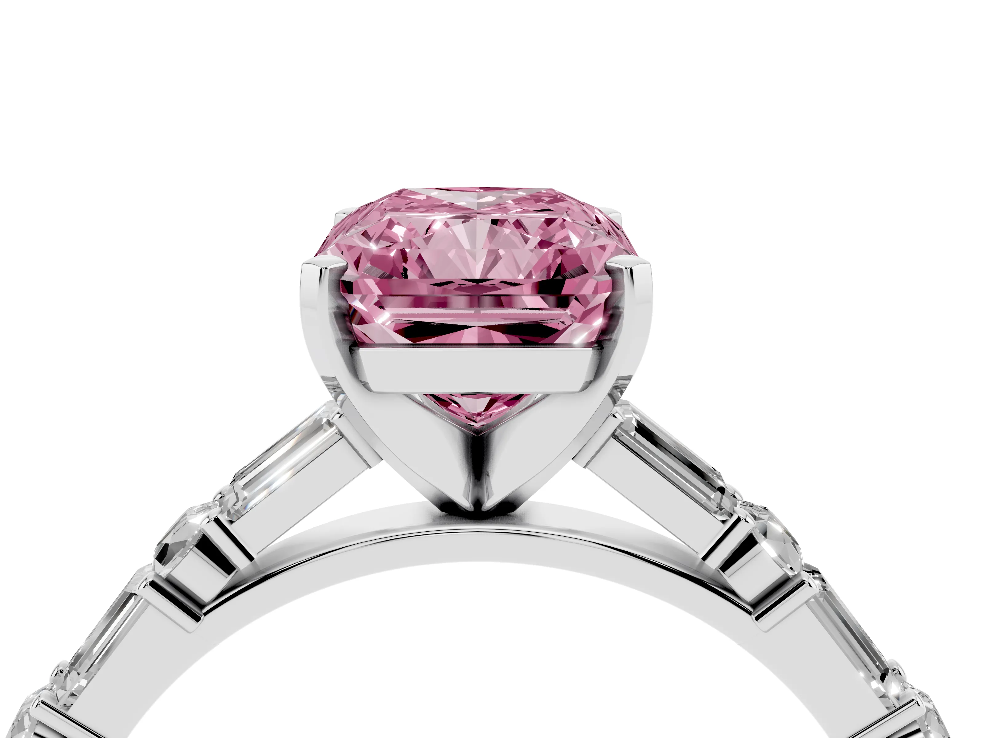 Fancy Pink Radiant Cut Diamond Solitaire Set in Platinum with Side Baguettes and Channel Set Band