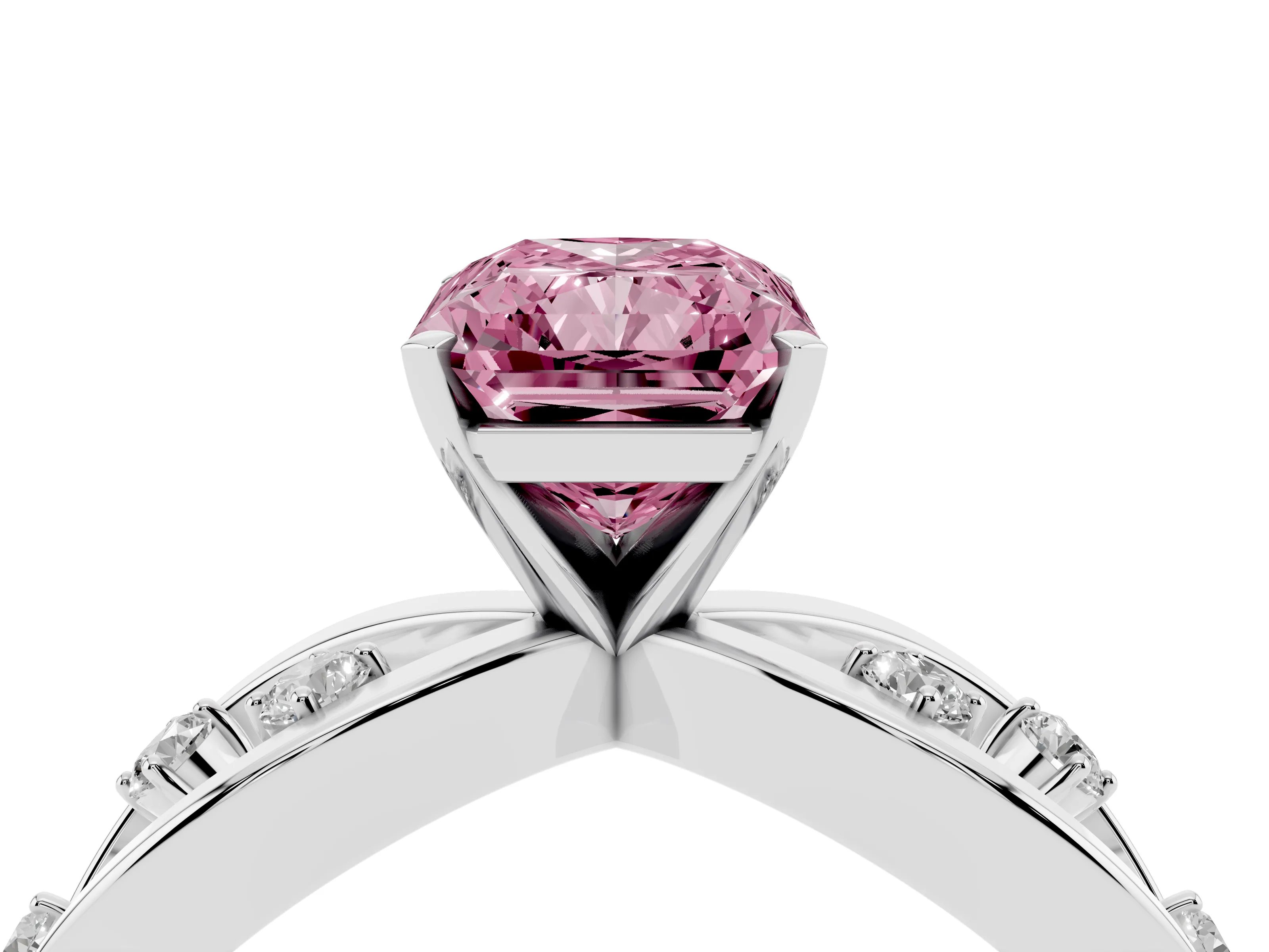 Fancy Pink Radiant Cut Diamond Solitaire Ring Set in Platinum with Side Stones on Criss-Cross Band and Prong Setting