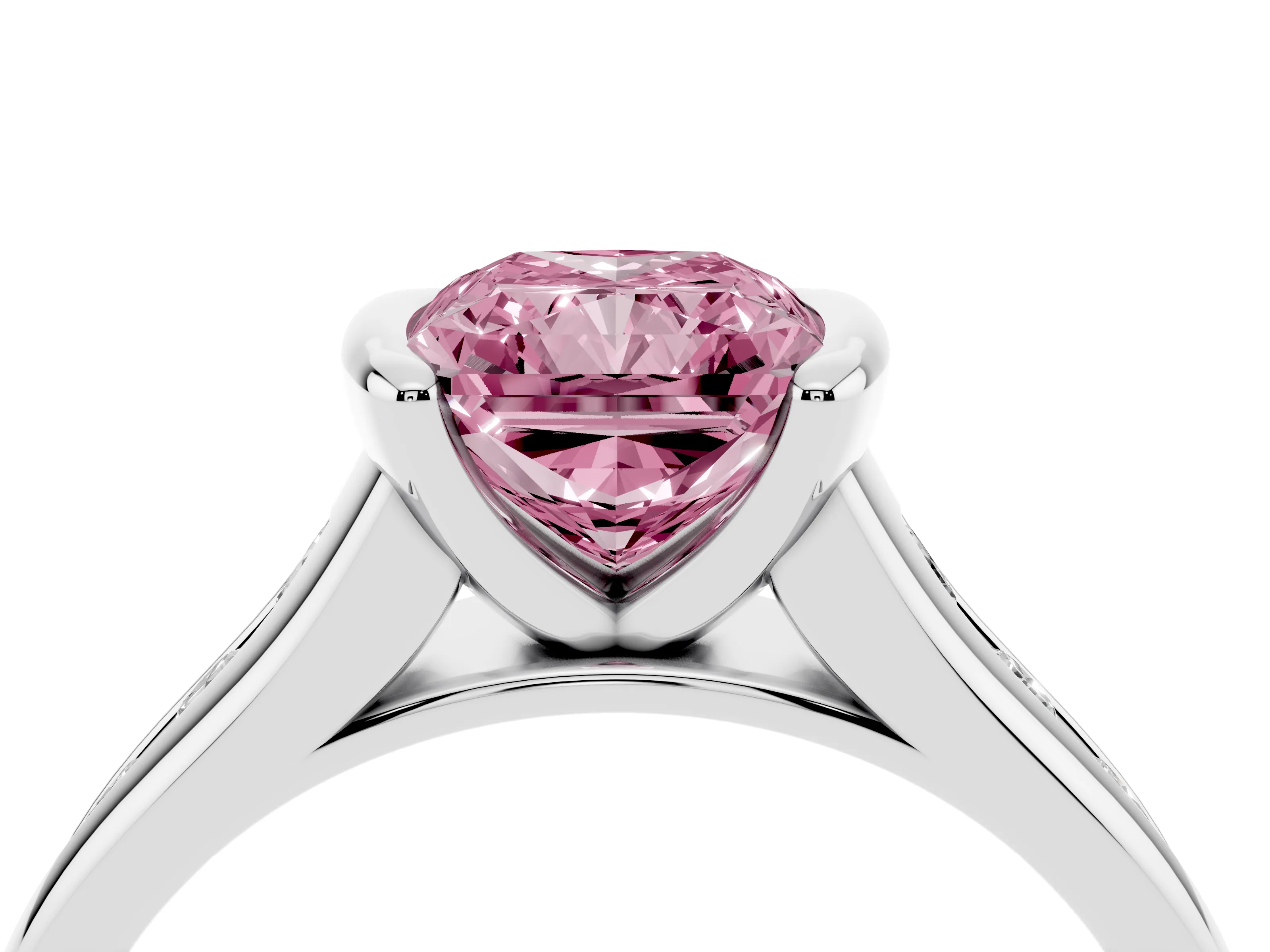 Fancy Pink Radiant Cut Diamond Bezel-Set Solitaire Ring Set in White gold with Channel-Set Band