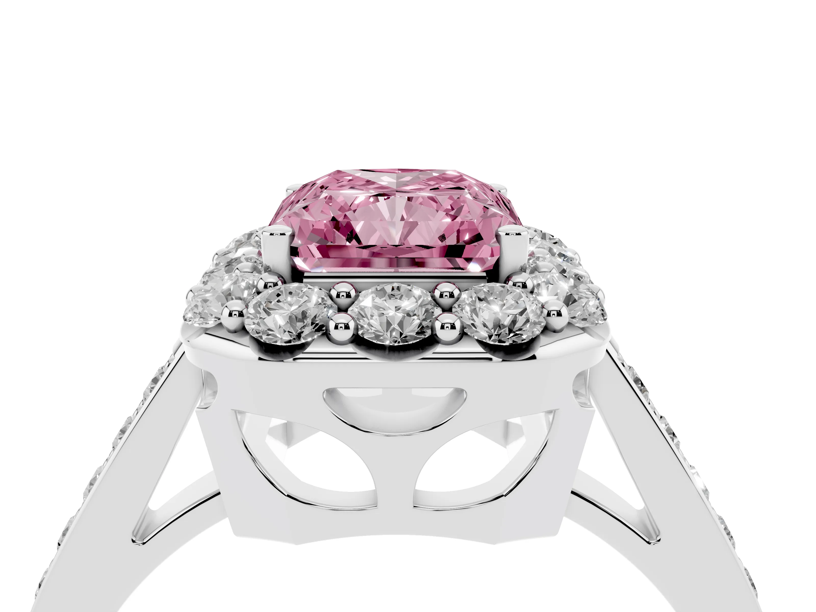 Fancy Pink Radiant Cut Diamond Floral Halo Ring Set in Platinum with Pavé Band and Prong Setting