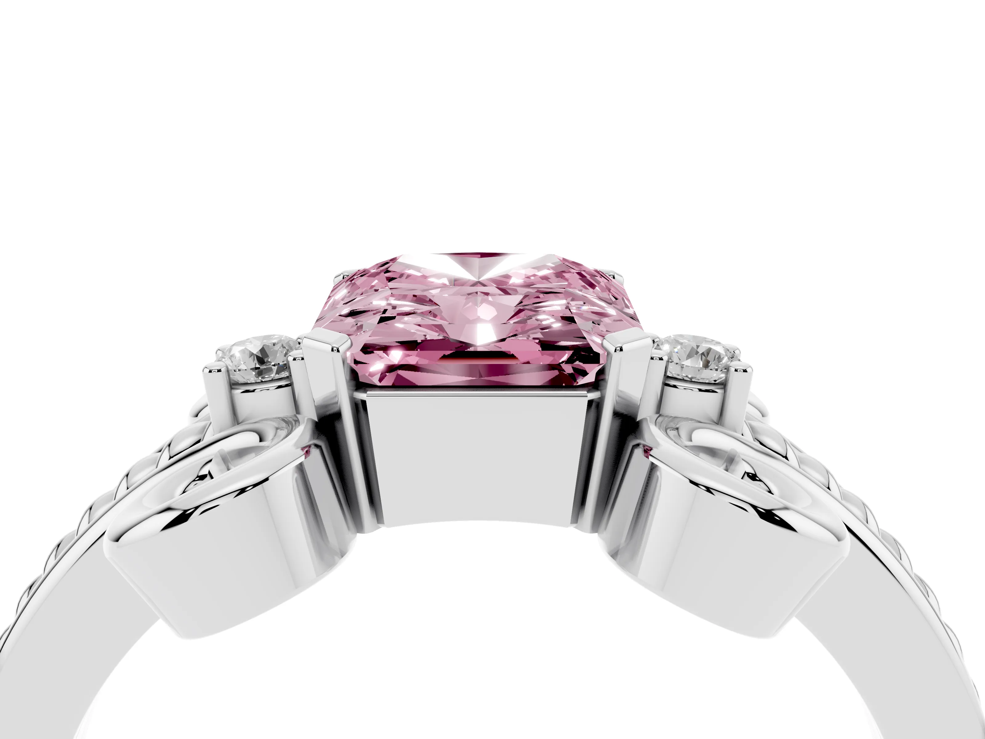 Fancy Pink Radiant Cut Diamond Twisted Band Solitaire Ring Set in Platinum with Scroll Prongs