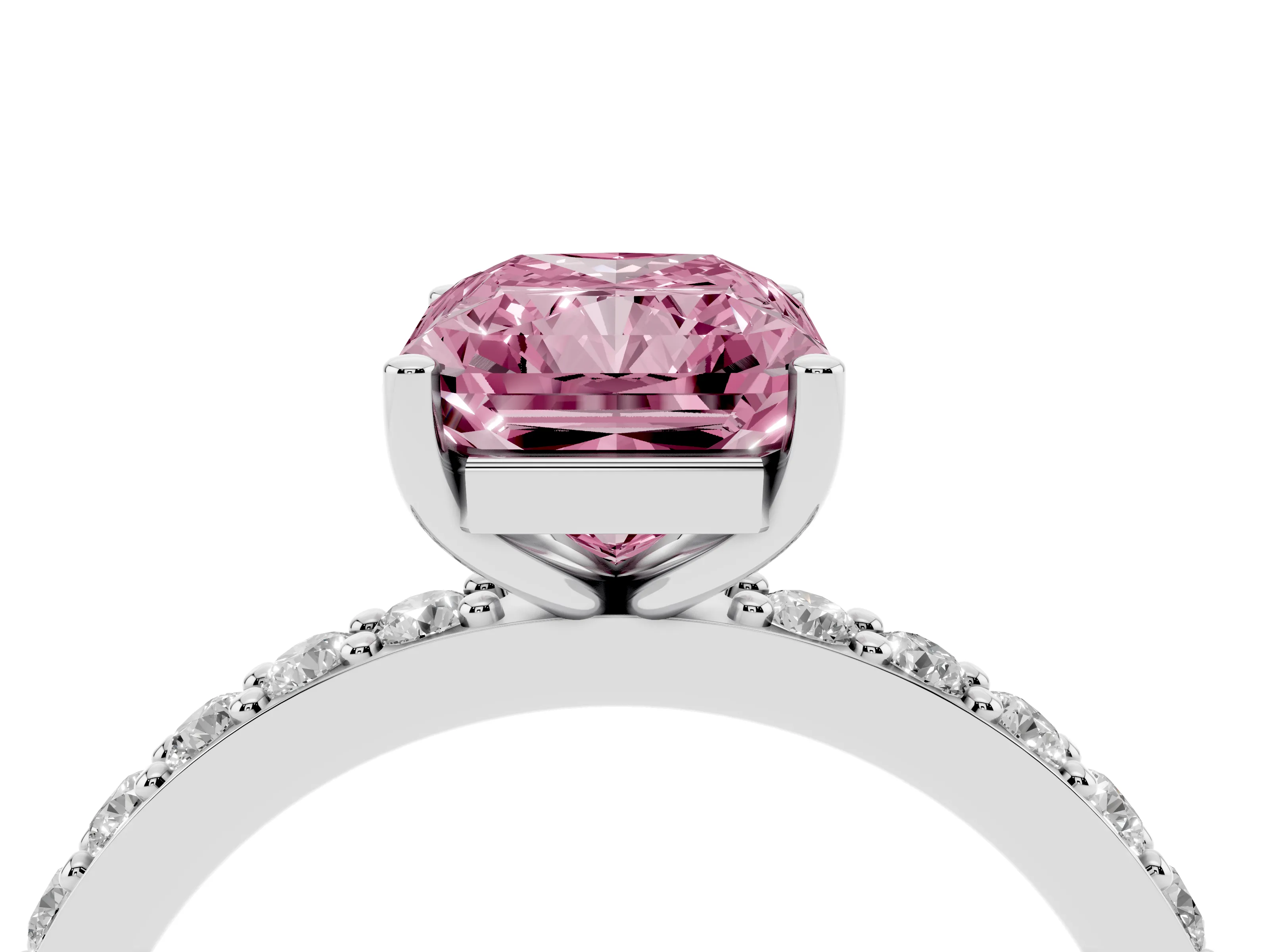 Fancy Pink Radiant Cut Diamond Solitaire Set in White gold with Round Pavé Band and Prong Setting