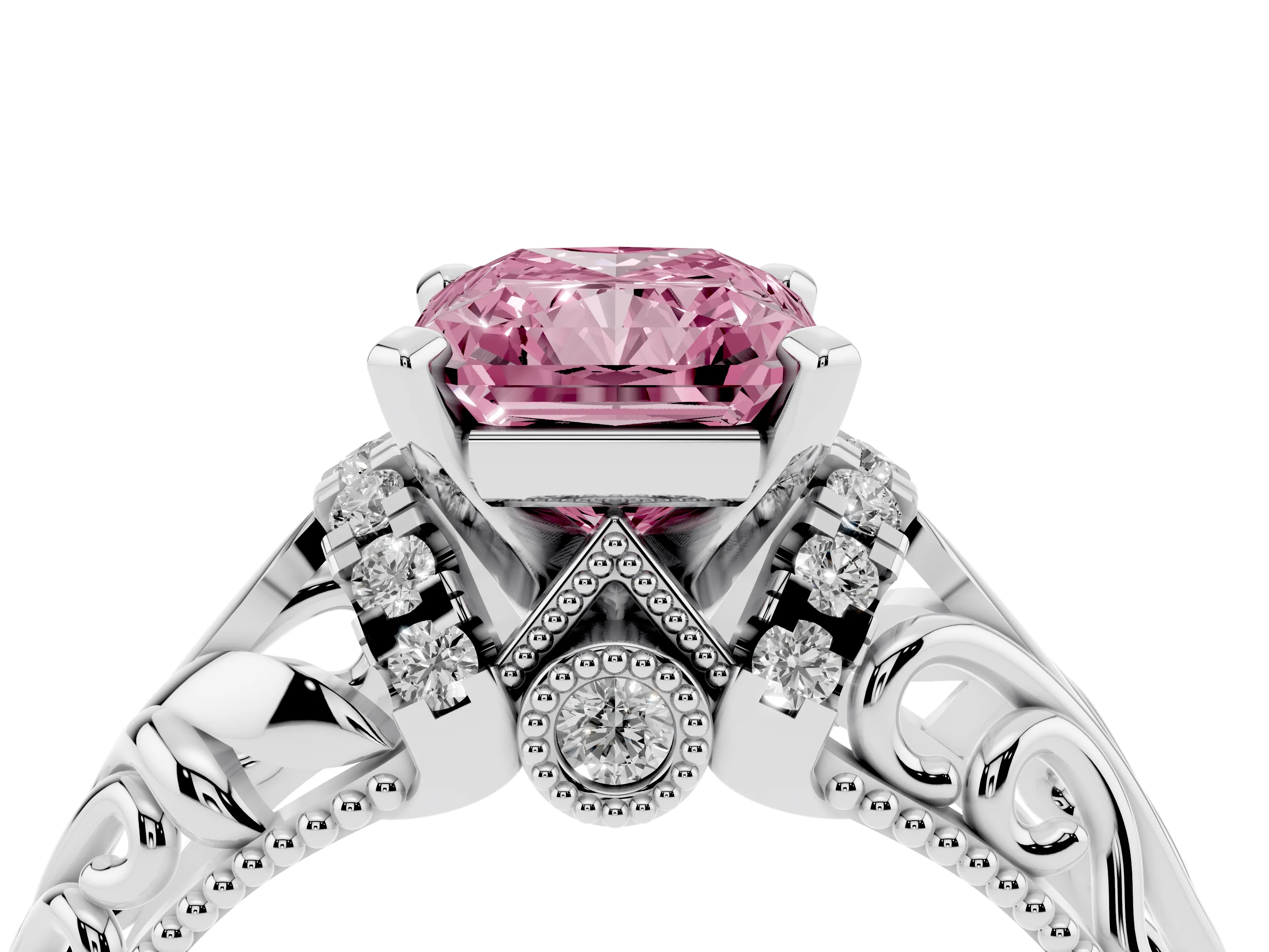 Fancy Pink Radiant Cut Diamond Filigree Halo Engagement Ring Set in White gold with Prong Setting