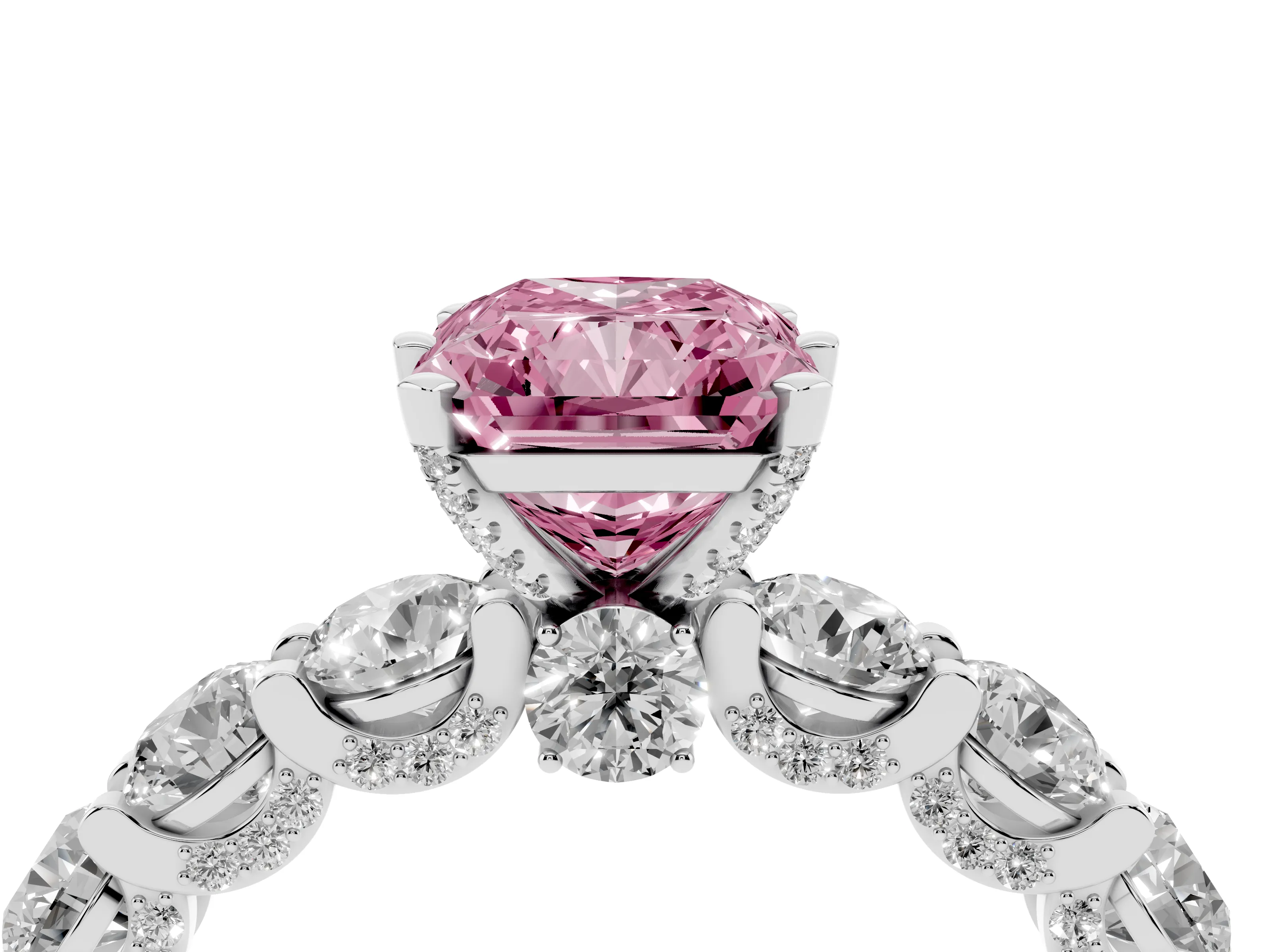 Fancy Pink Radiant Cut Diamond Side Stone Ring Set in Platinum with Alternating Round and Oval Side Stones