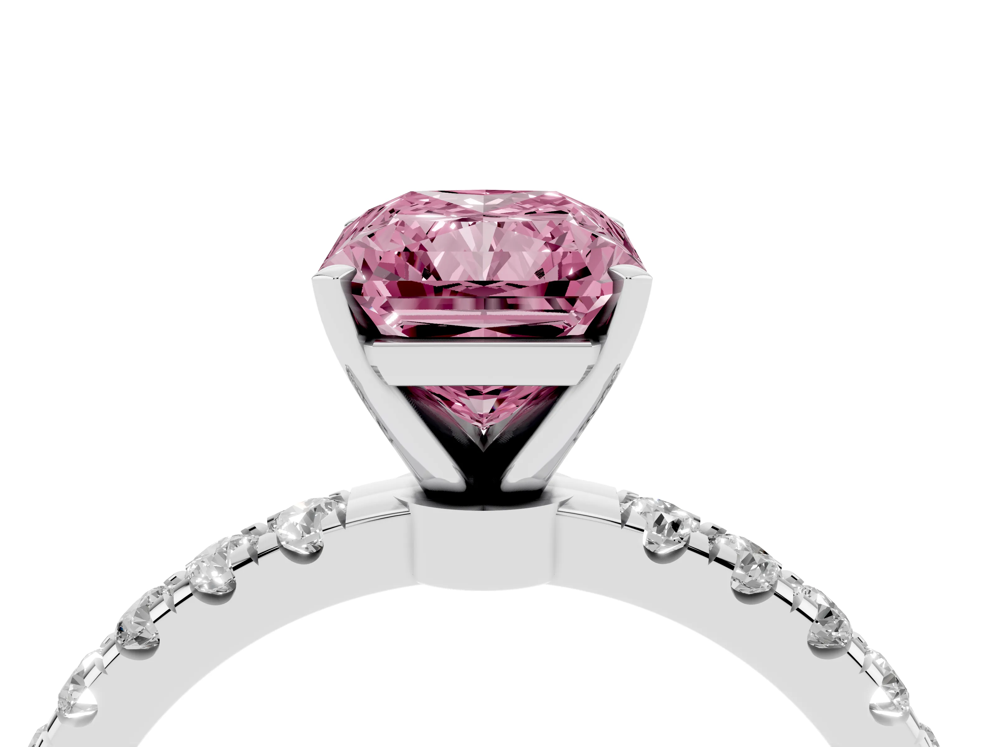 Fancy Pink Radiant Cut Diamond Solitaire Ring Set in Silver with Pavé Accents and Prong Setting